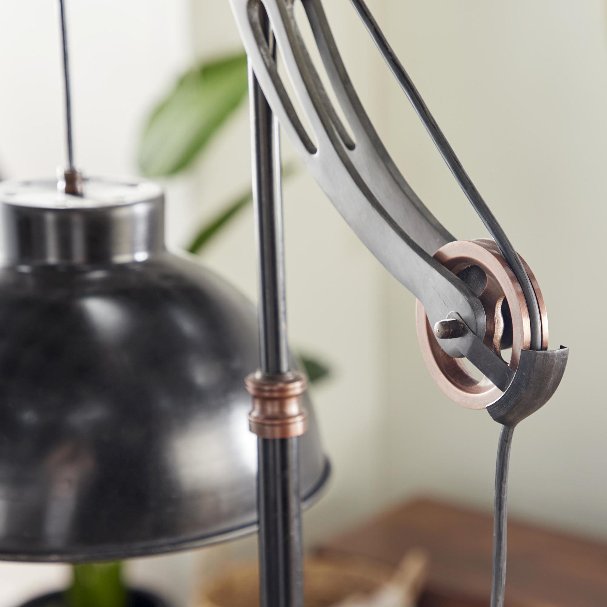 Black Aluminum Metal Pulley Room Floor Lamp with Copper Accents