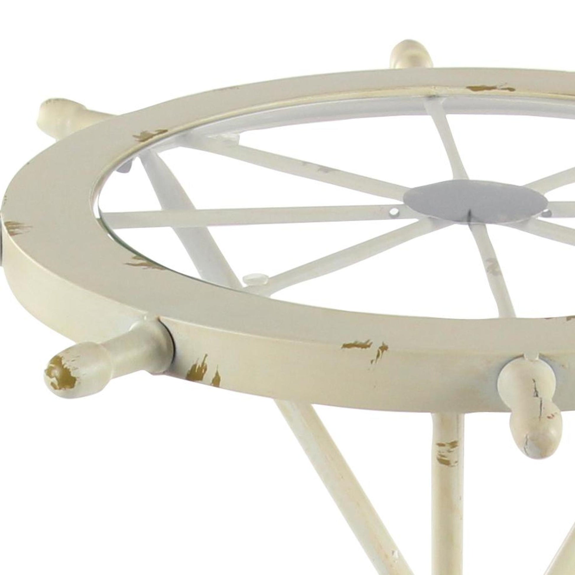 Ship Wheel White Metal Top Side End Accent Table with Oar Shaped Legs