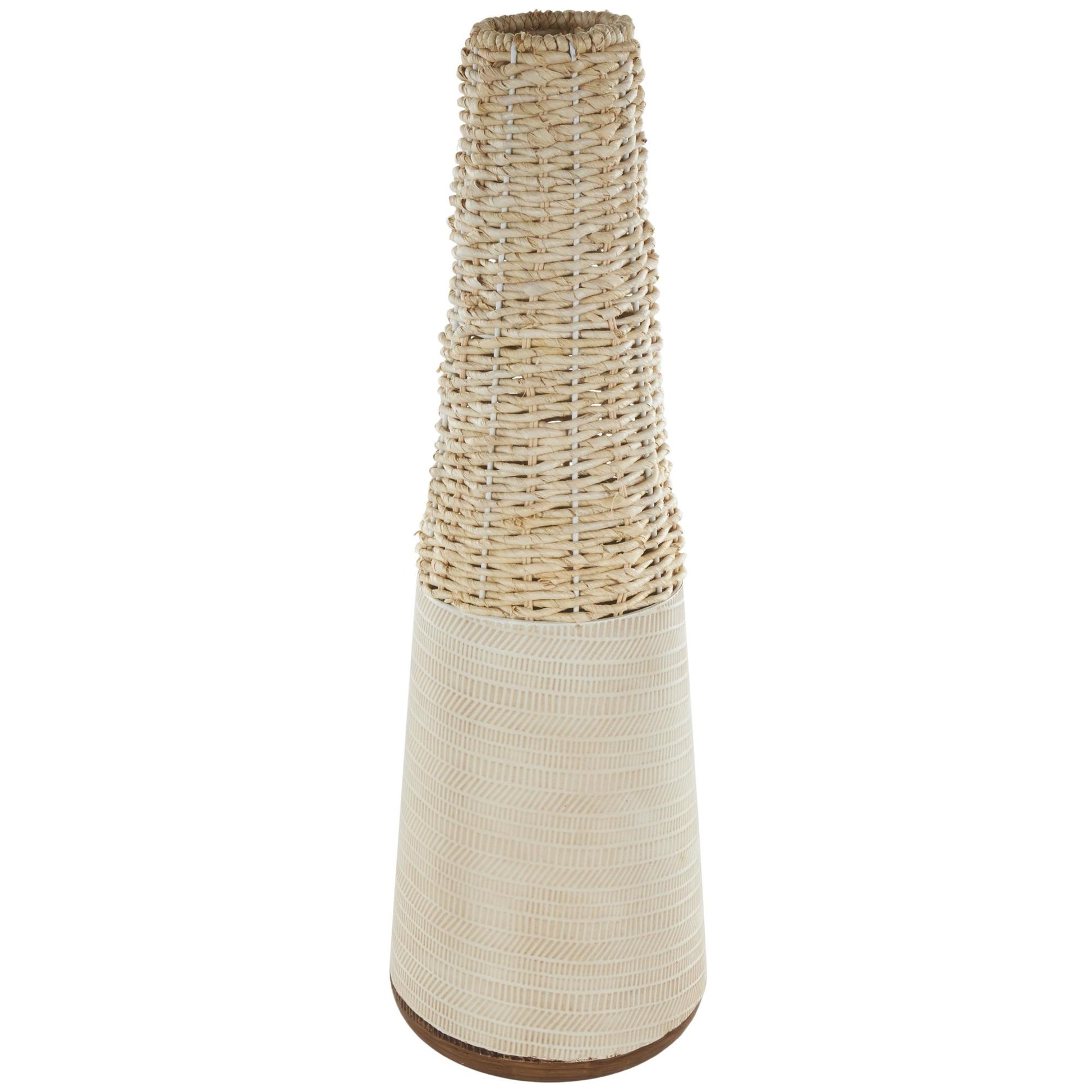 Geometric Light Brown Rattan Handmade Woven Decorative Vase with Beige Metal Base