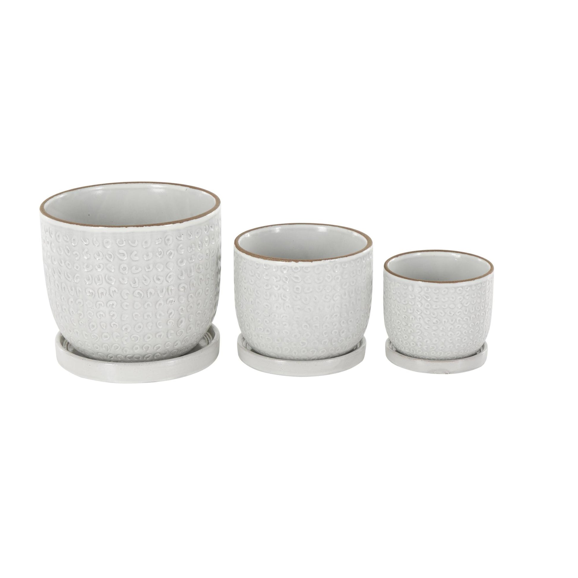 Set of 3 White Ceramic Abstract Circle Patterned Indoor Outdoor Planter with Brown Accents and Base Tray