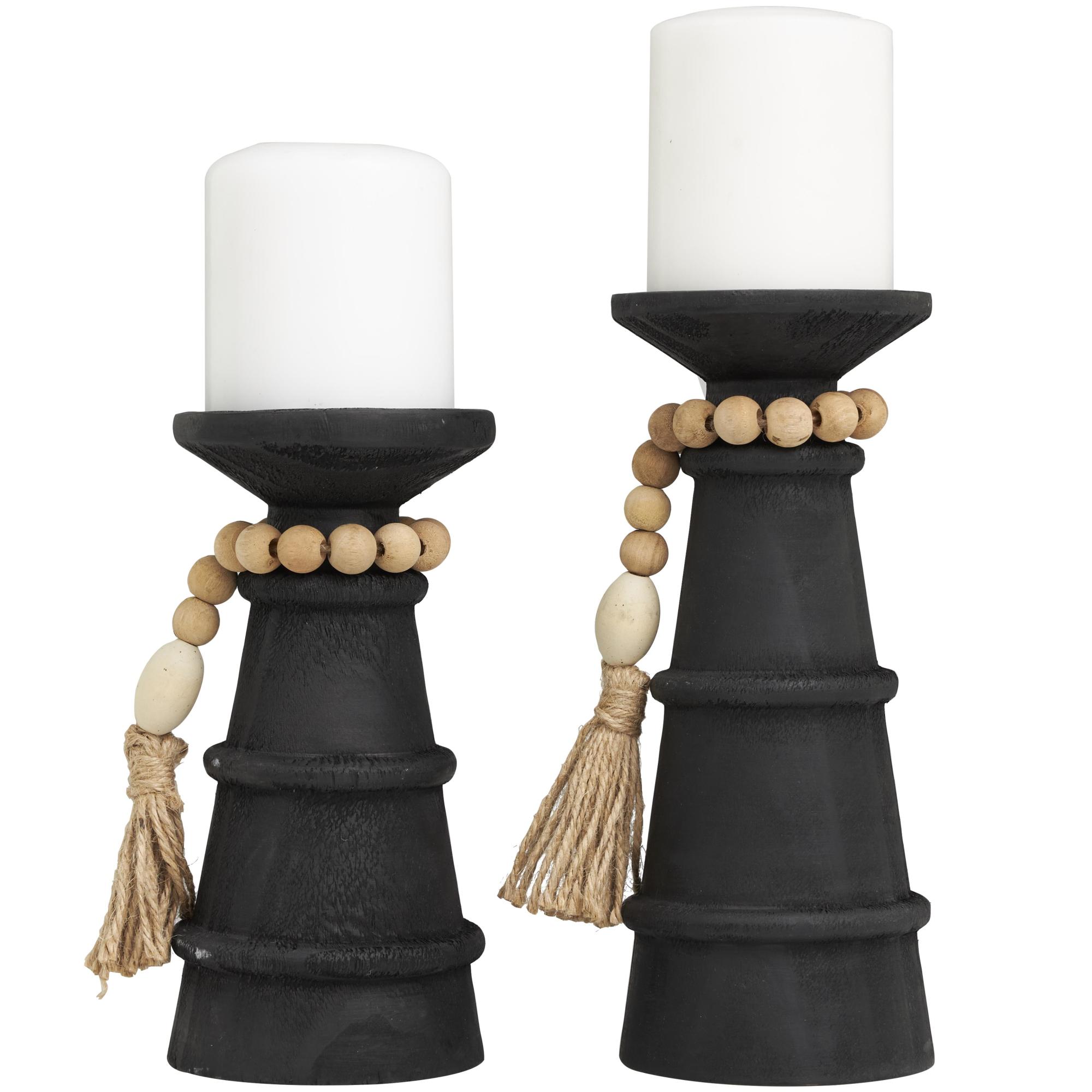 Set of 2 Black Wood Handmade Textured Matte Decorative Candle Holder with Beaded Garland Accent