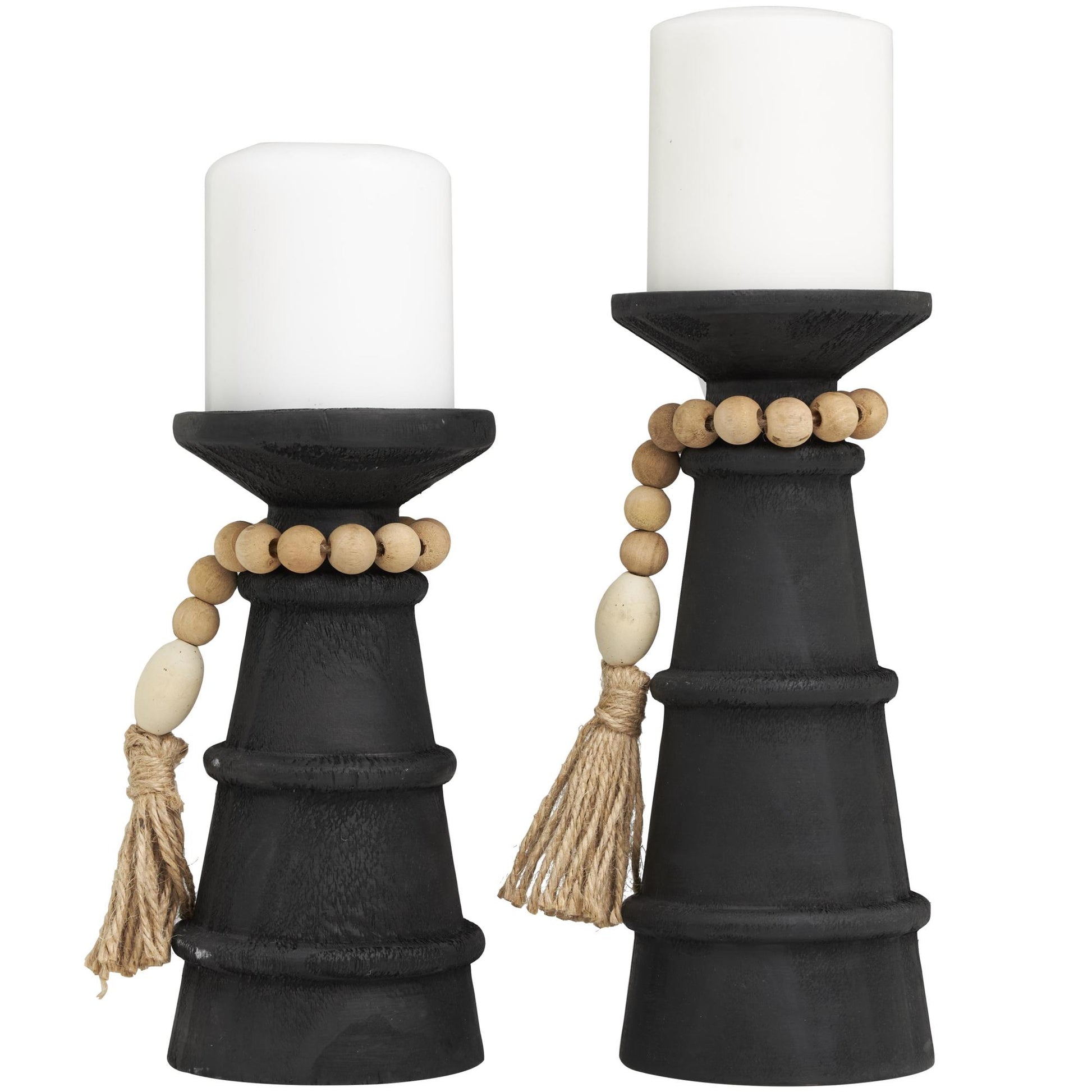 Set of 2 Black Wood Handmade Textured Matte Decorative Candle Holder with Beaded Garland Accent