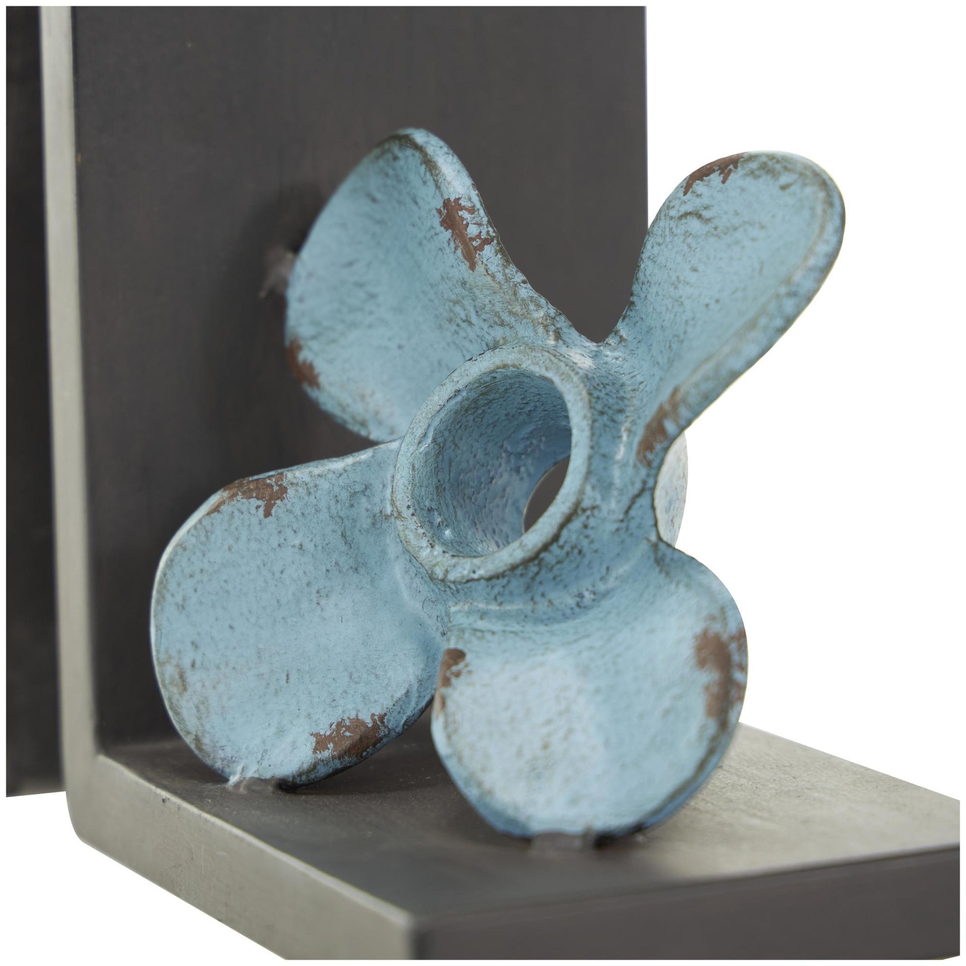 Set of 2 Boat Teal Metal Distressed Propeller Decorative Bookends with Brown L-Shaped Stands