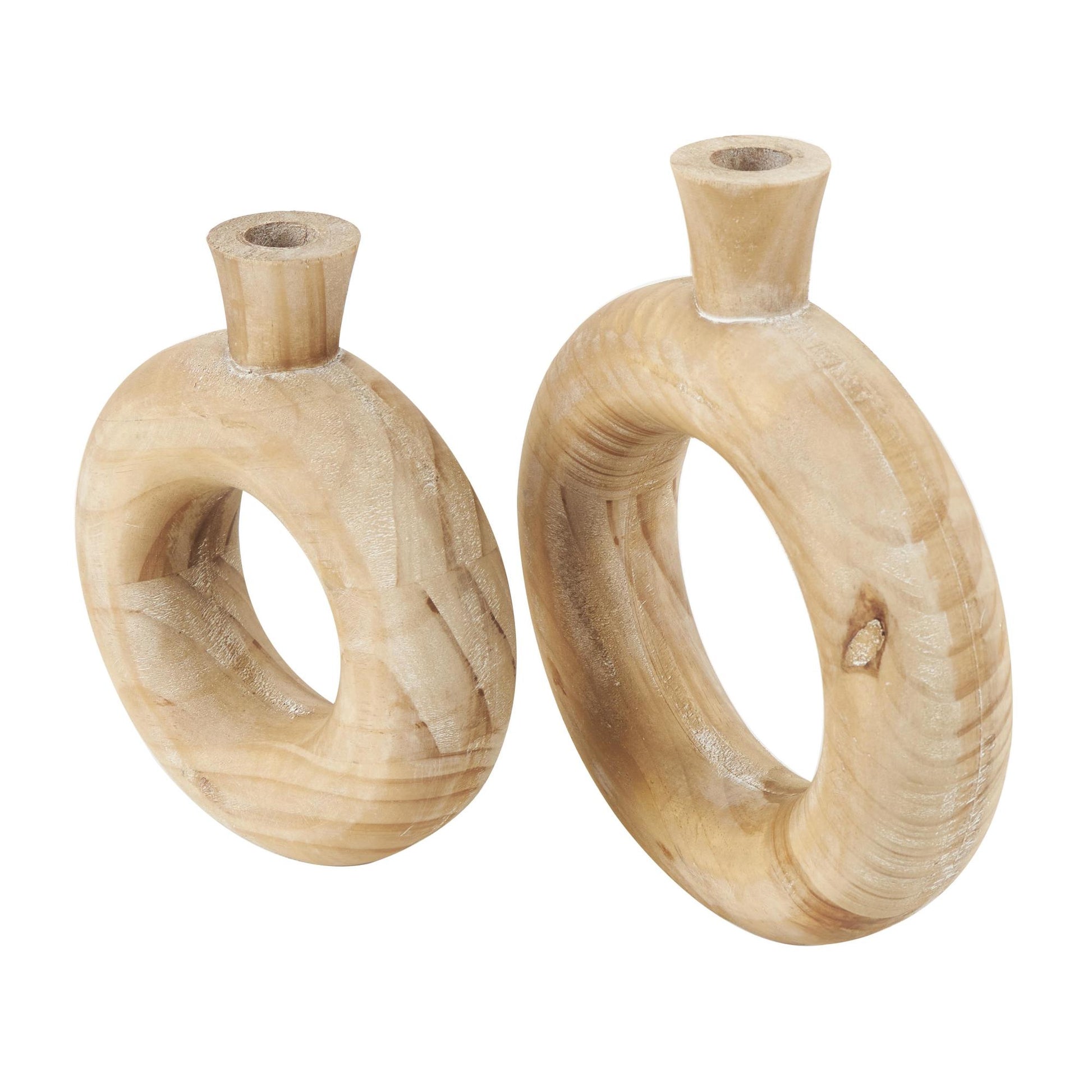 Set of 2 Brown Wood Circular Decorative Vase with Cutout Center