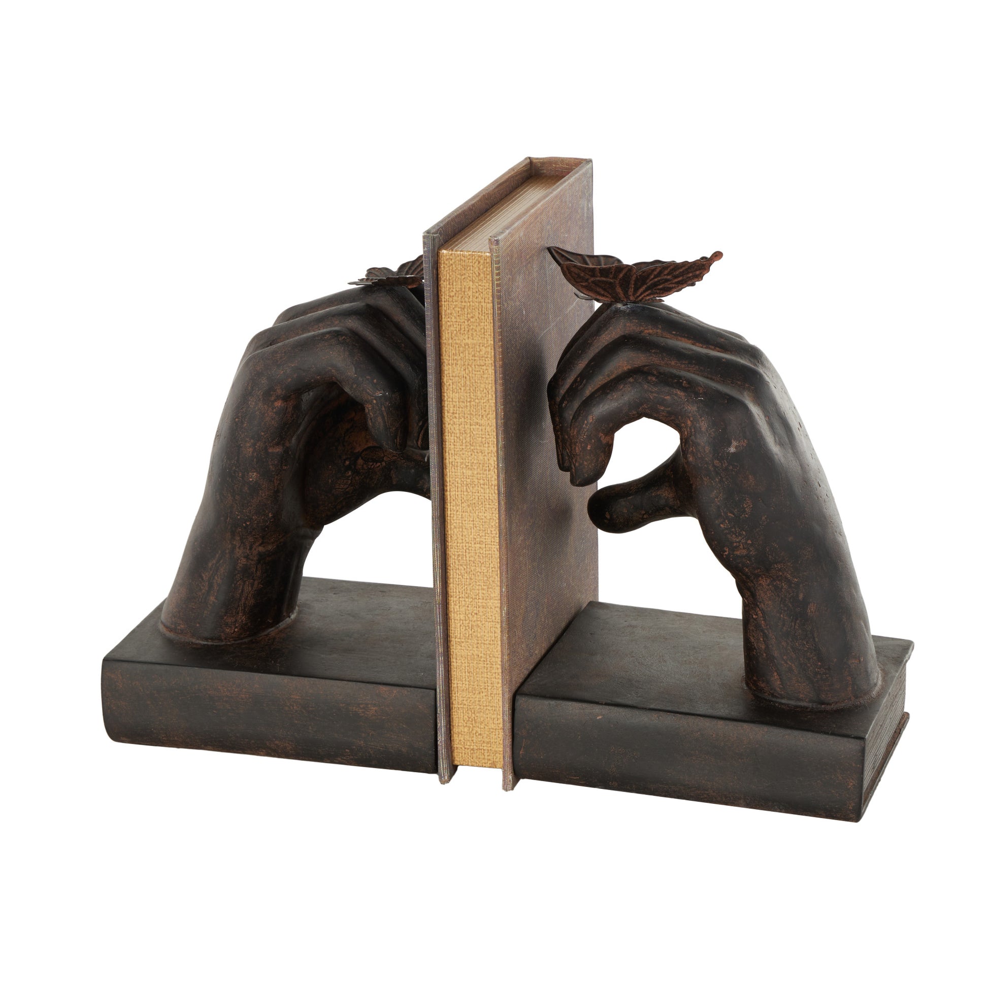 Set of 2 Hands Dark Brown Resin Heart Inspired Decorative Bookends with Butterfly and Copper Accents