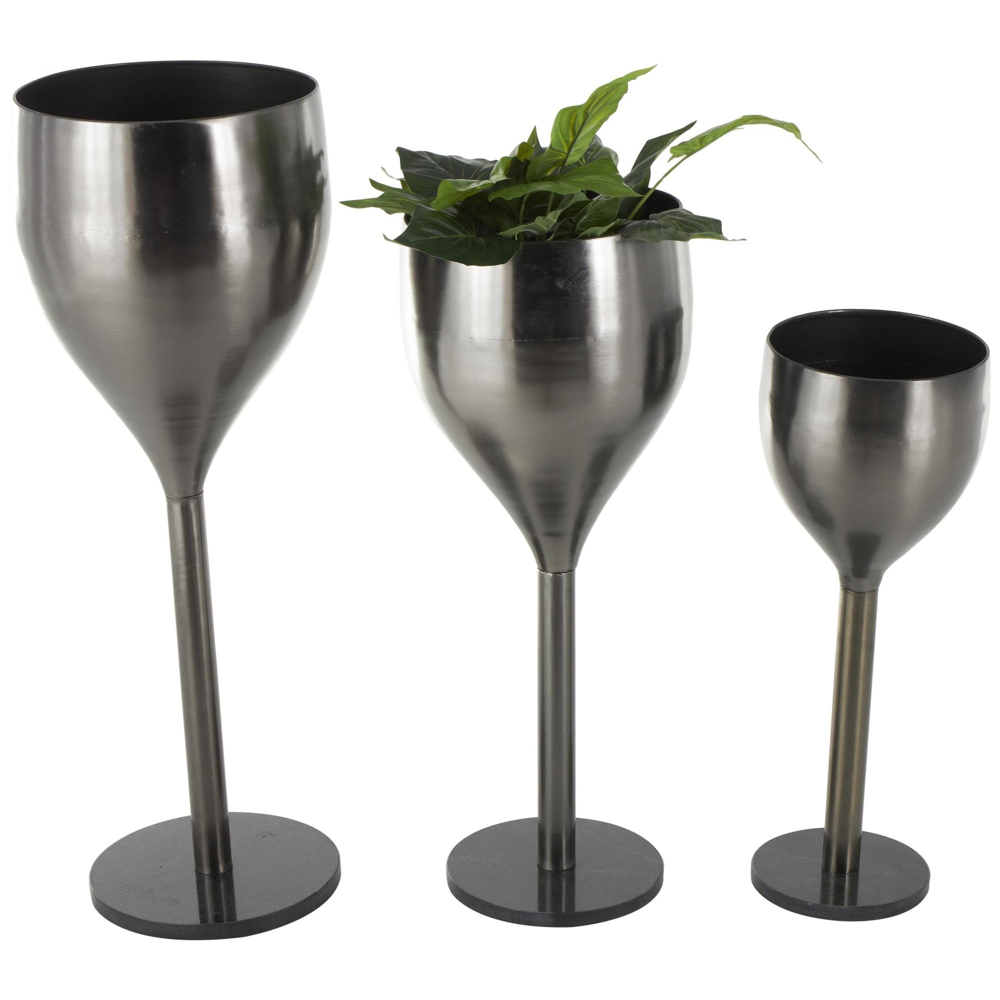 Set of 3 Wine Silver Metal Glass Inspired Indoor Outdoor Planter with Black Marble Base