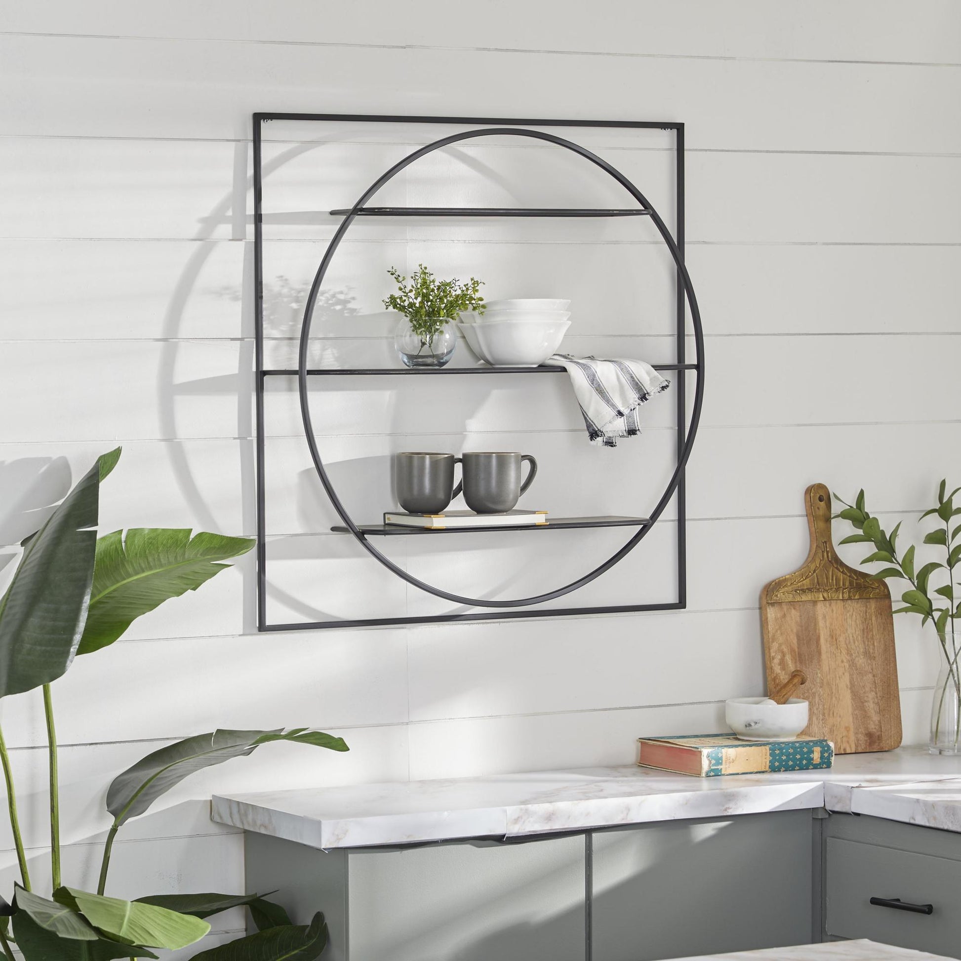 Geometric Black Metal Square 3 Shelf Room Wall Shelf with Circle Frame