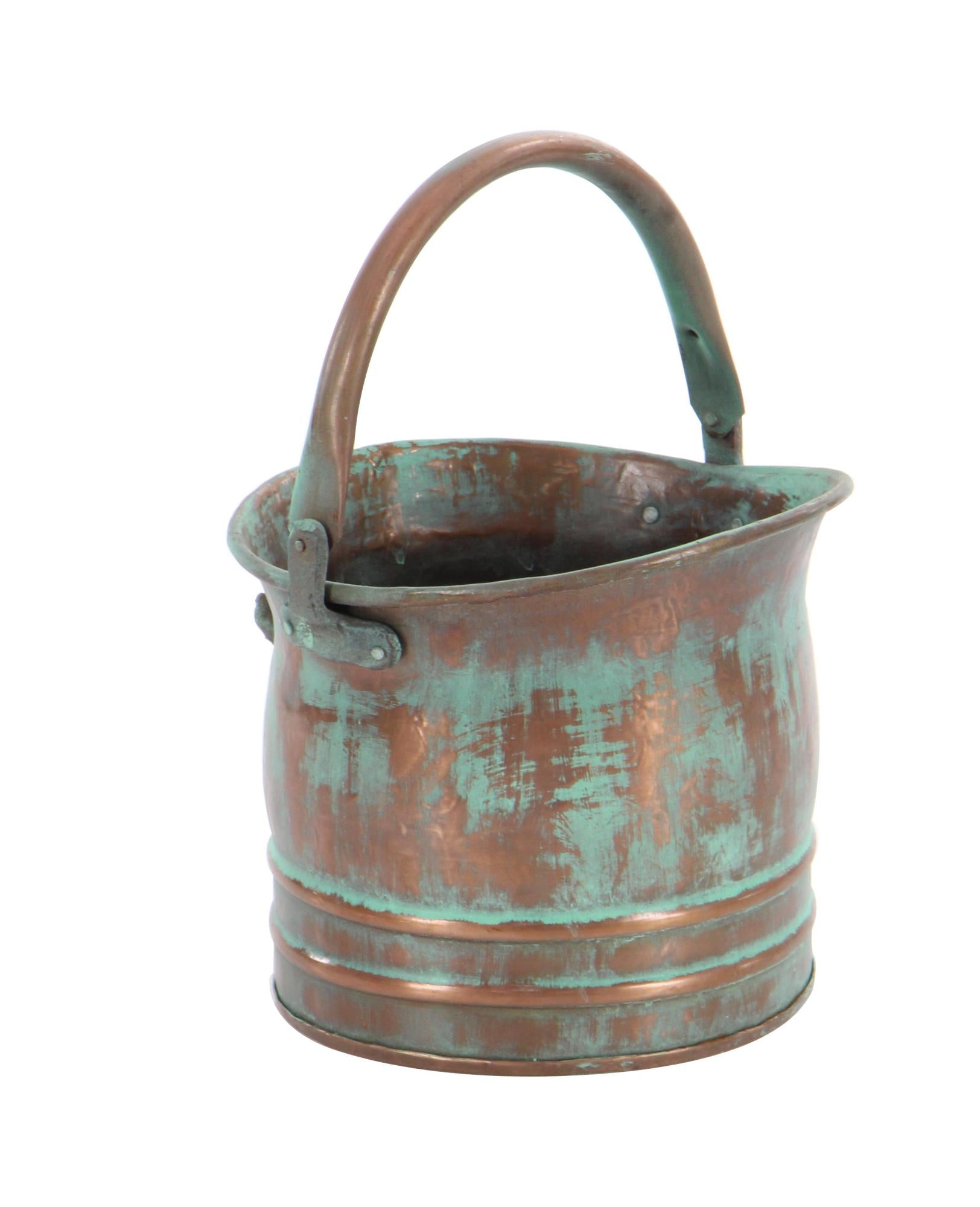 Set of 3 Copper Metal Patina Tulip Style Bucket Indoor Outdoor Planter with Stationary Handles