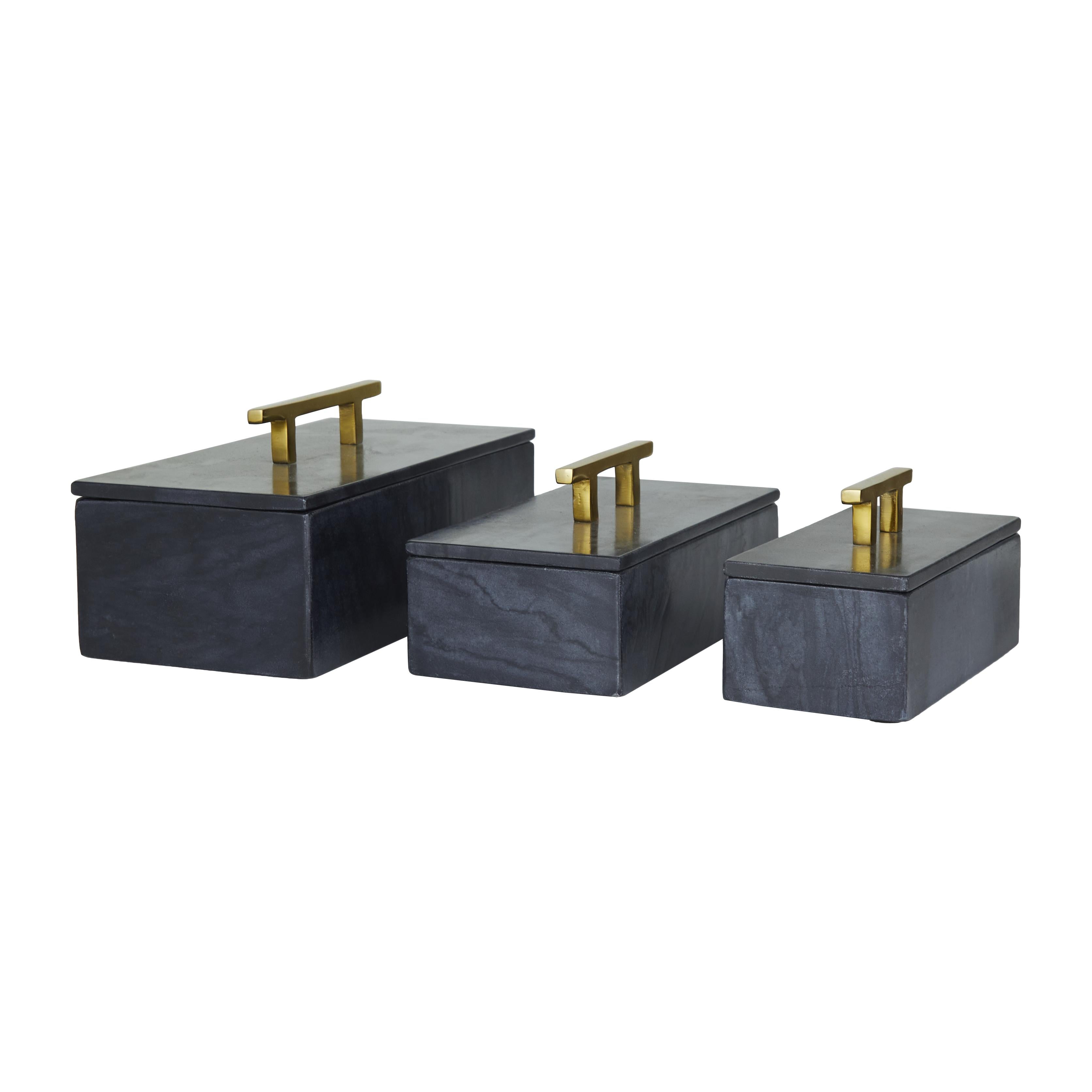 Set of 3 Marble Decorative Box with Aluminum Bar Handles Set of 3 12", 10", 8"W
