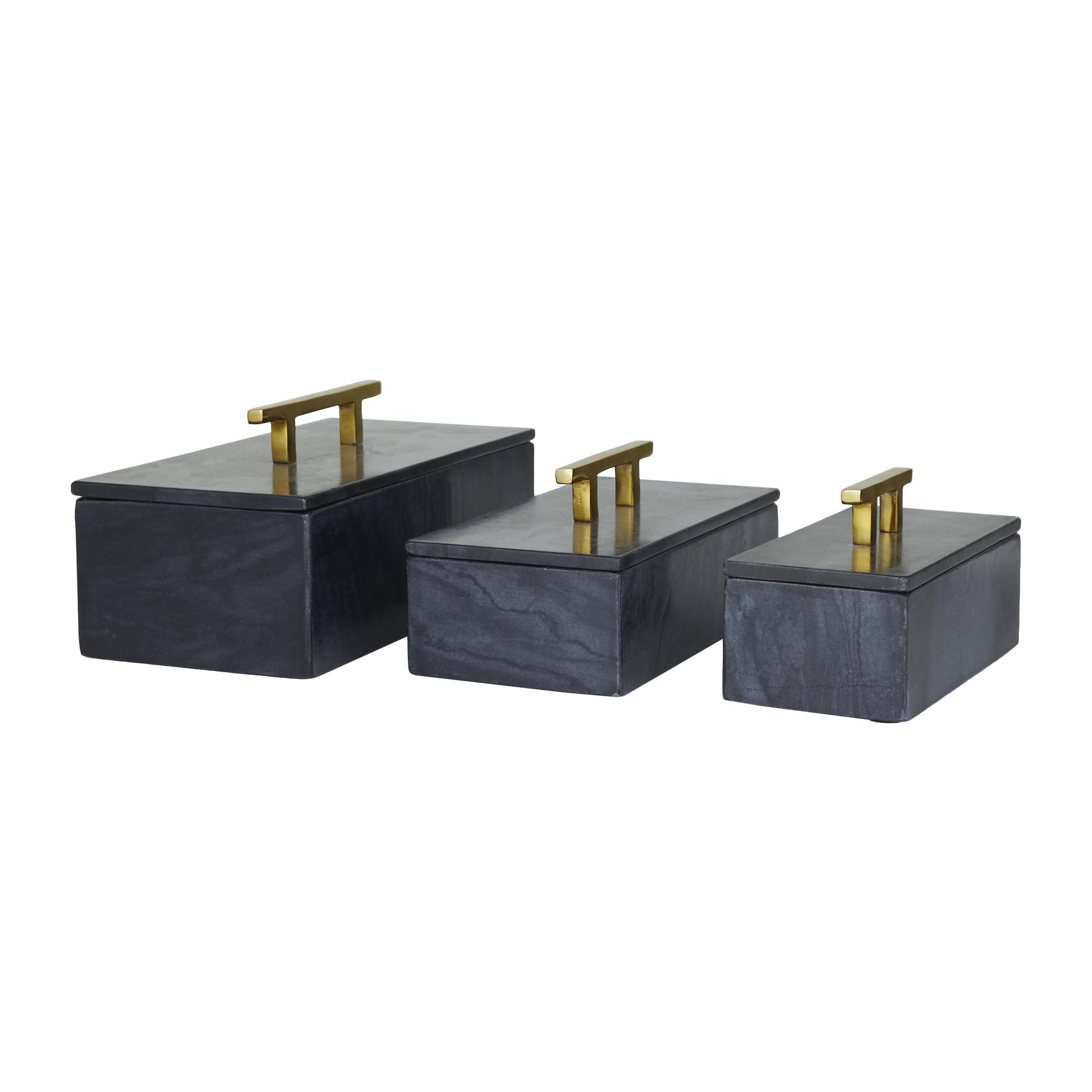 Set of 3 Marble Decorative Box with Aluminum Bar Handles Set of 3 12", 10", 8"W