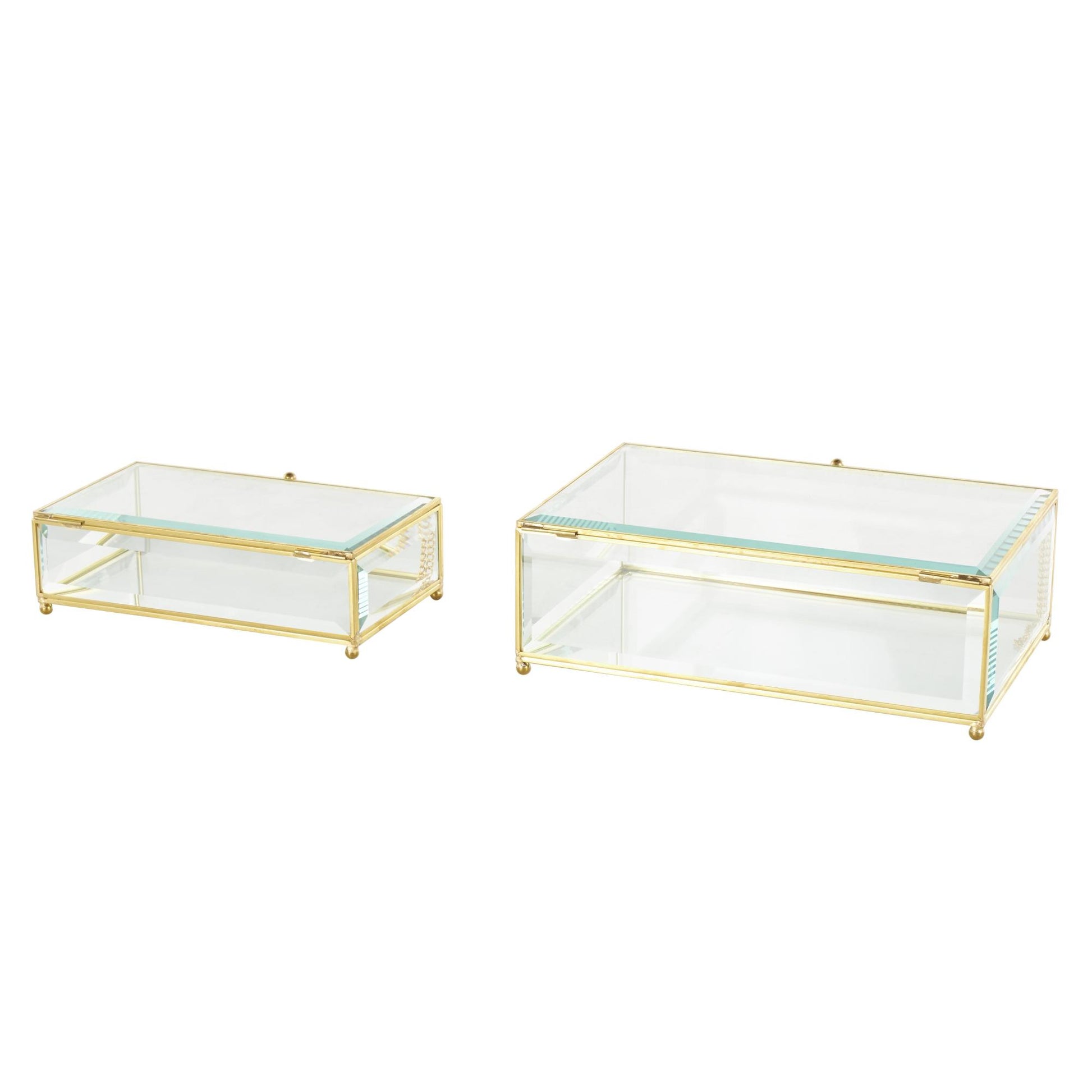 Set of 2 Clear Glass Beveled Decorative Jewelry Box with Gold Metal Frame and Chain Accent