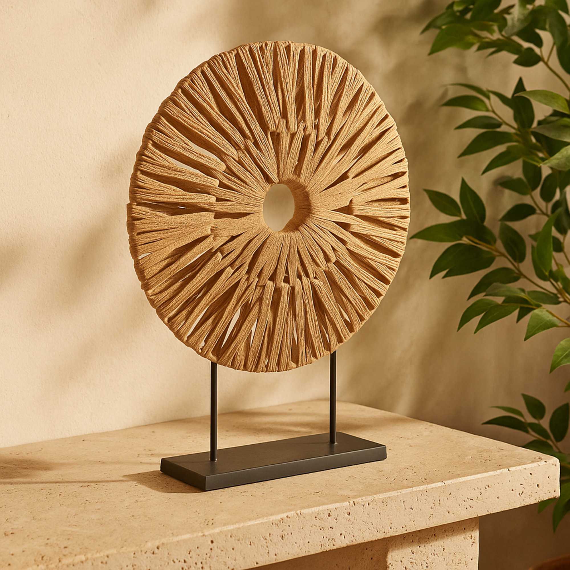 Abstract Brown Plastic Rattan Handmade Decorative Sculpture with Black Stand