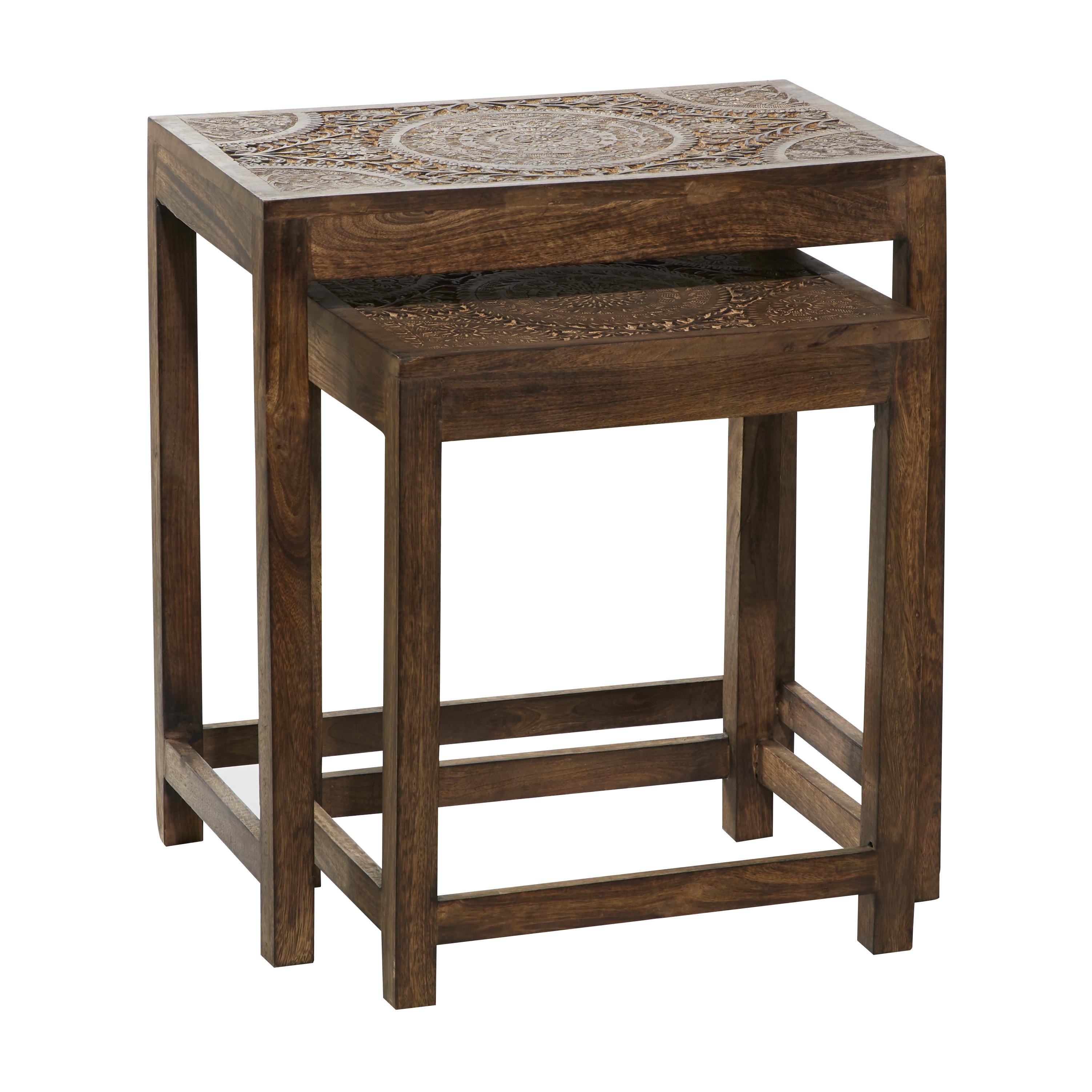 Set of 2 Floral Mango Wood Handmade Intricately Carved Side End Accent Table with Carved Tabletops