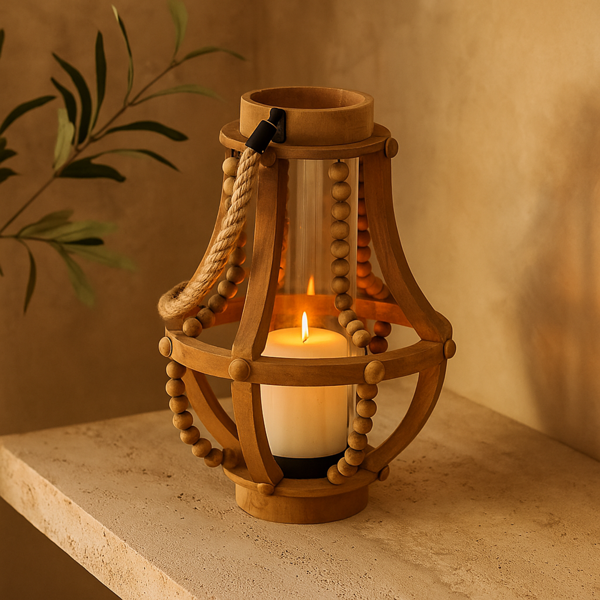 Beige Reclaimed Wood Beaded Decorative Indoor Outdoor Candle Lantern