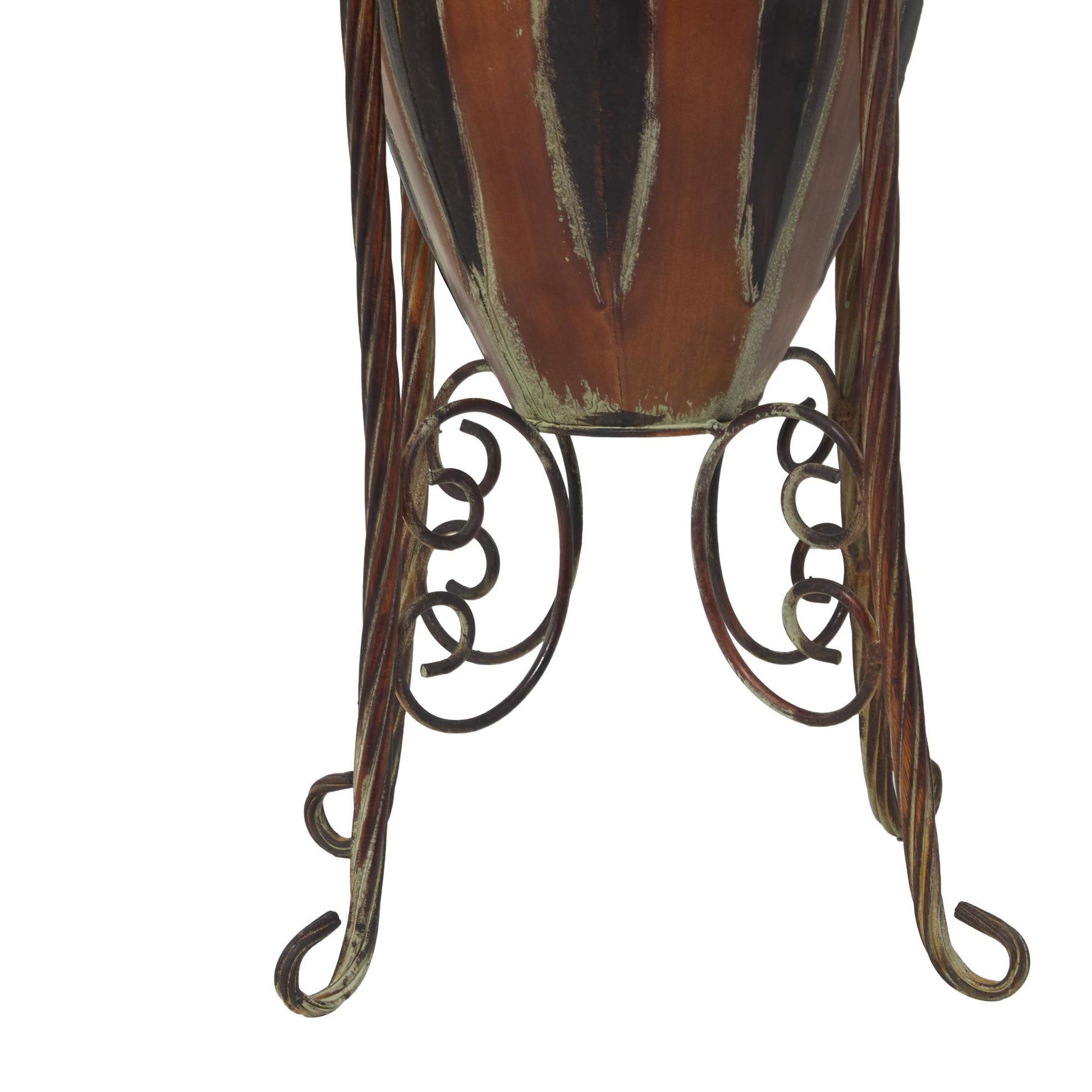 Scroll Brown Metal Tall Decorative Vase with Attached Metal Stand and Intricate Design