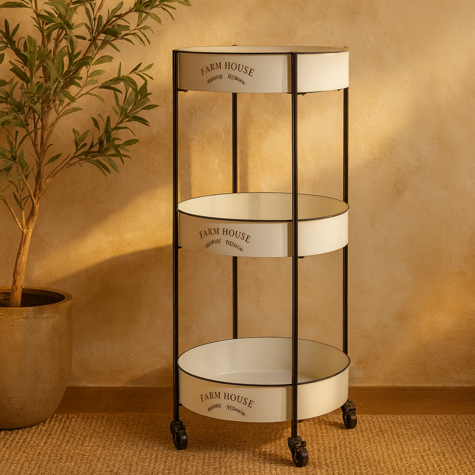 Kitchen White Metal Rolling 3 Shelves Home Bar Cart with Wheels