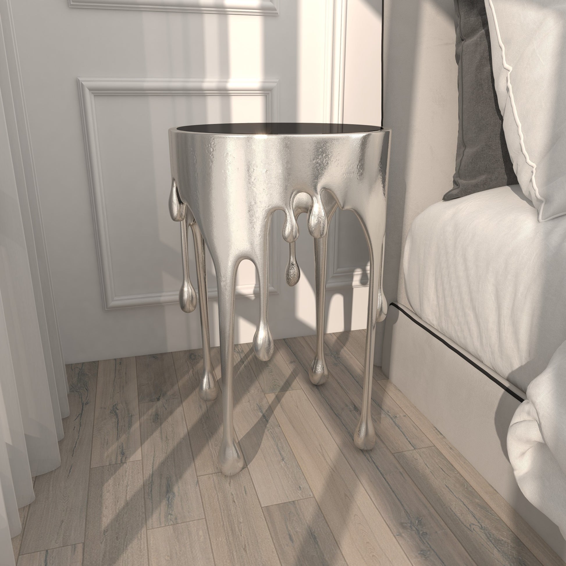 Abstract Aluminum Metal Drip Side End Accent Table with Melting Design and Shaded Glass Top 16" x 16" x 25"