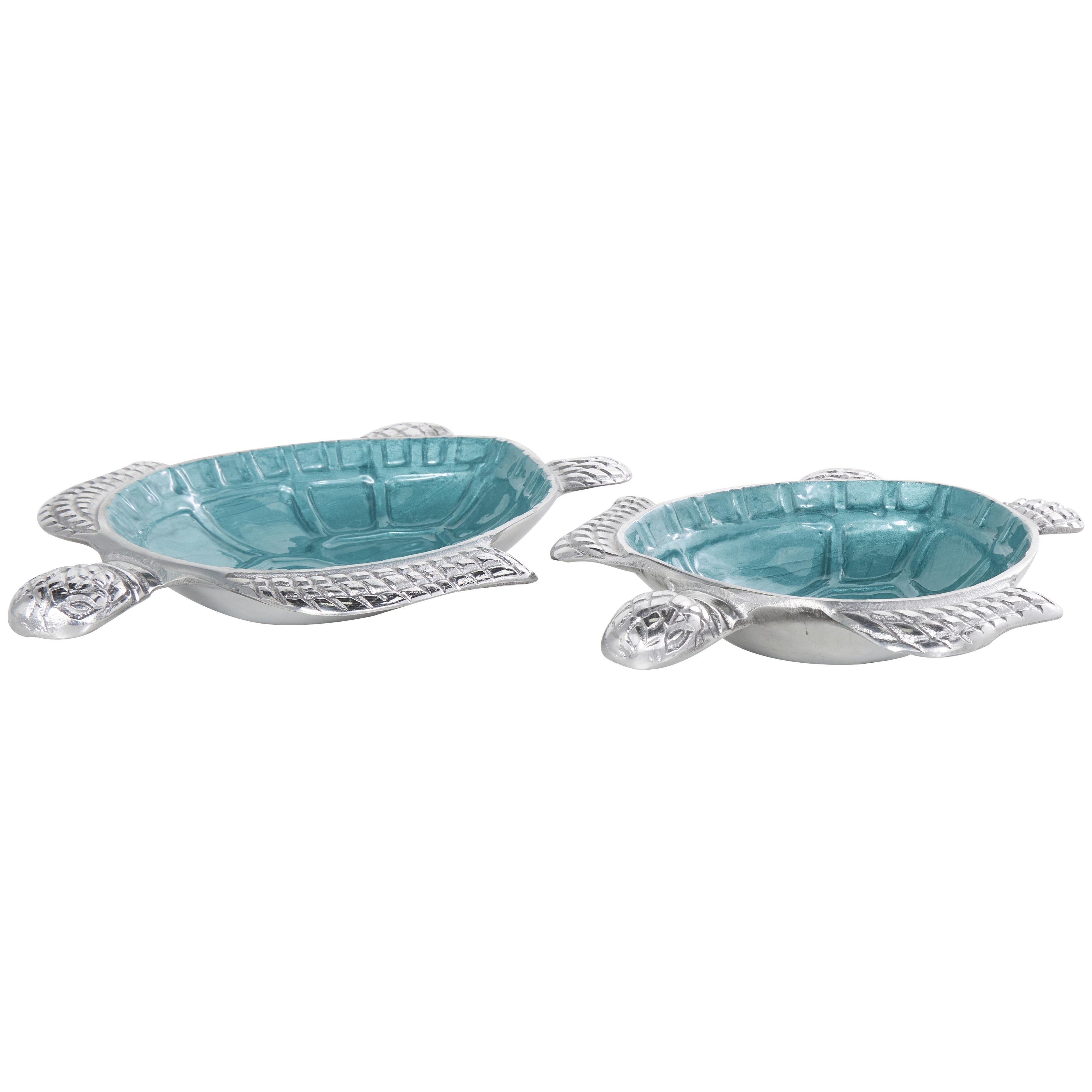 Set of 2 Turtle Aluminum Metal Handmade Enameled Large Decorative Bowl with Silver Metal Exterior