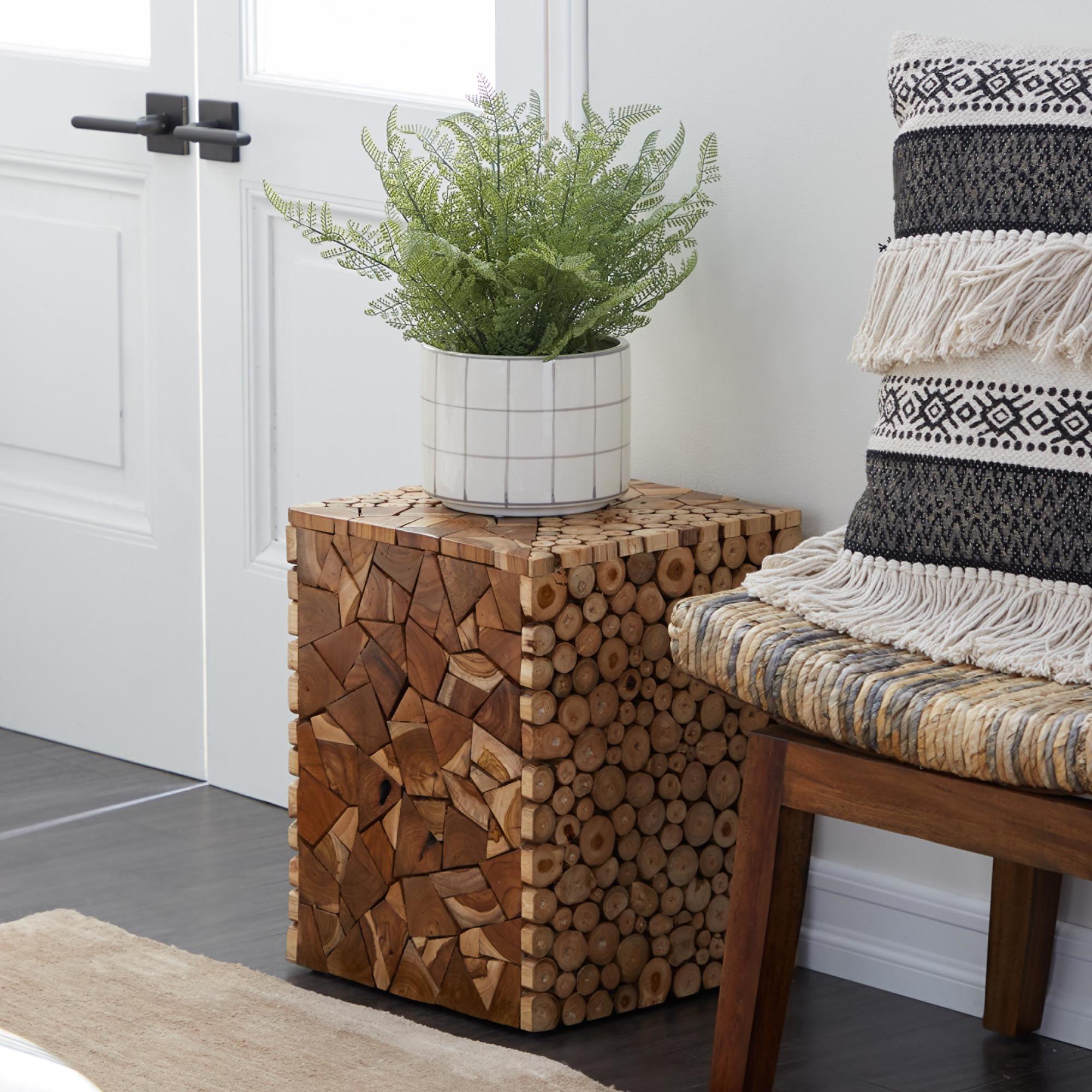 Brown Teak Wood Handmade Square Block Side End Accent Table with Mosaic Wood Chip Design