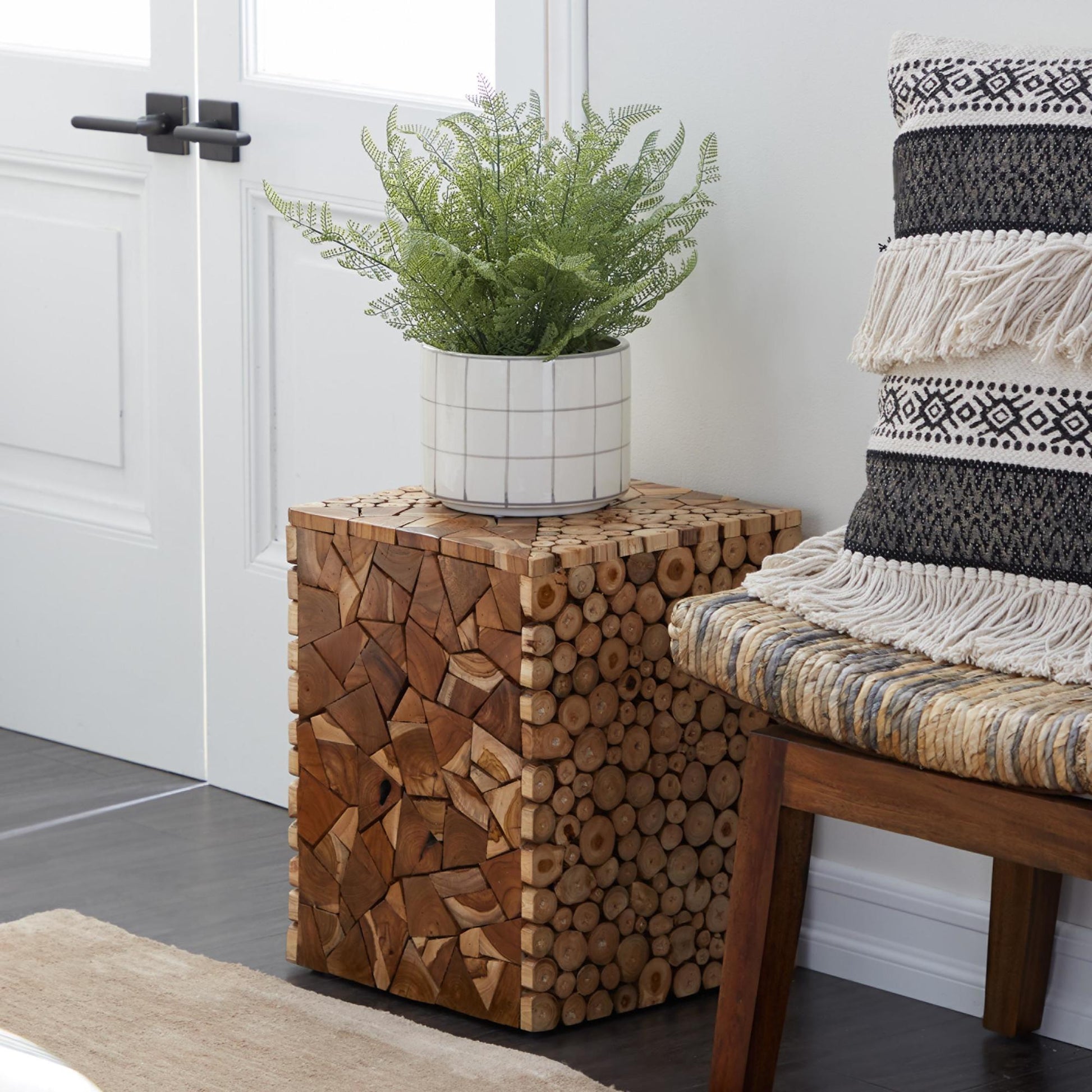 Brown Teak Wood Handmade Square Block Side End Accent Table with Mosaic Wood Chip Design