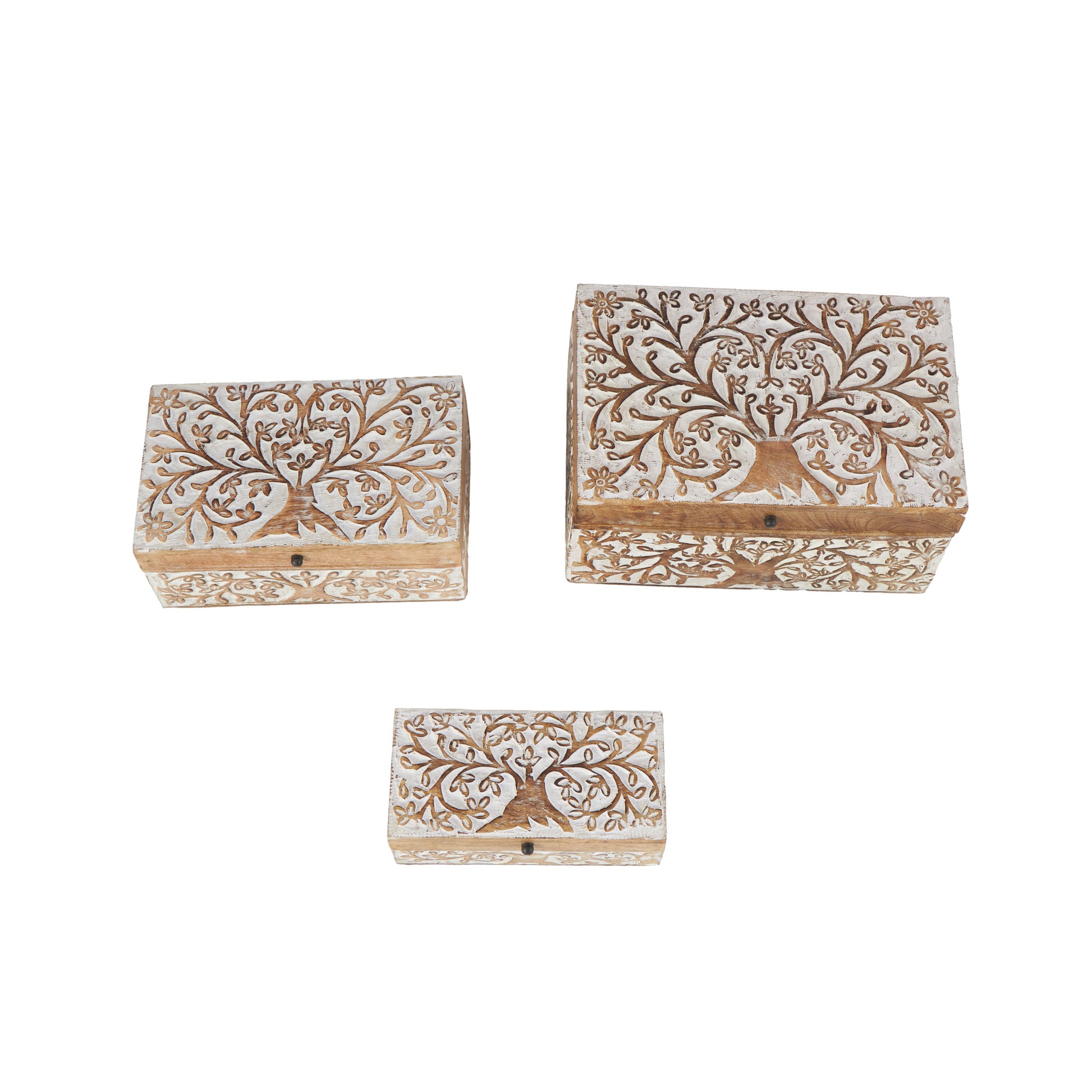 Set of 3 Tree Brown Mango Wood Carved Decorative Box with White Backing