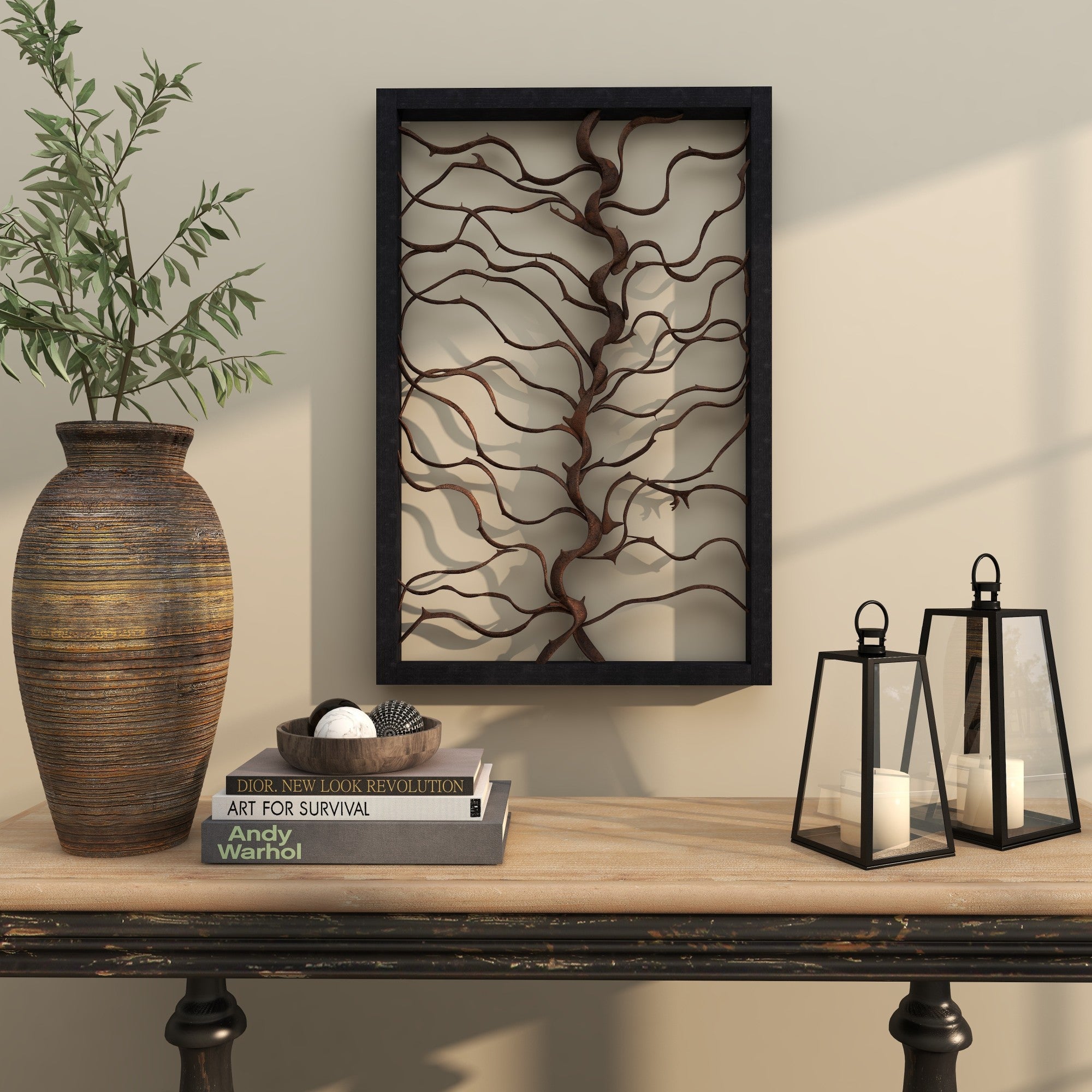 Tree Teak Wood Branch Home Wall Decor with Black Frame
