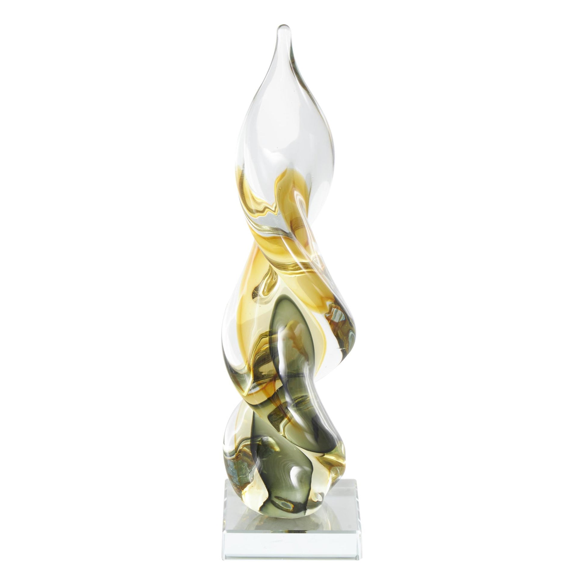Abstract Clear Glass Twisted Decorative Sculpture with Green Accents