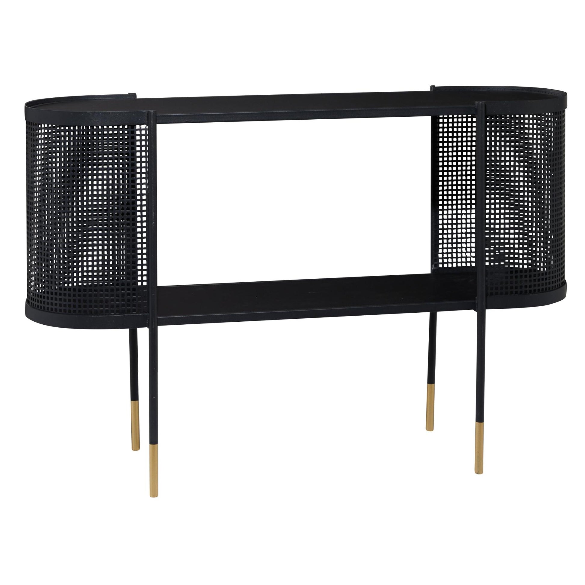 Black Metal Mesh Side Panel Living Room Console Table with Open Center Storage