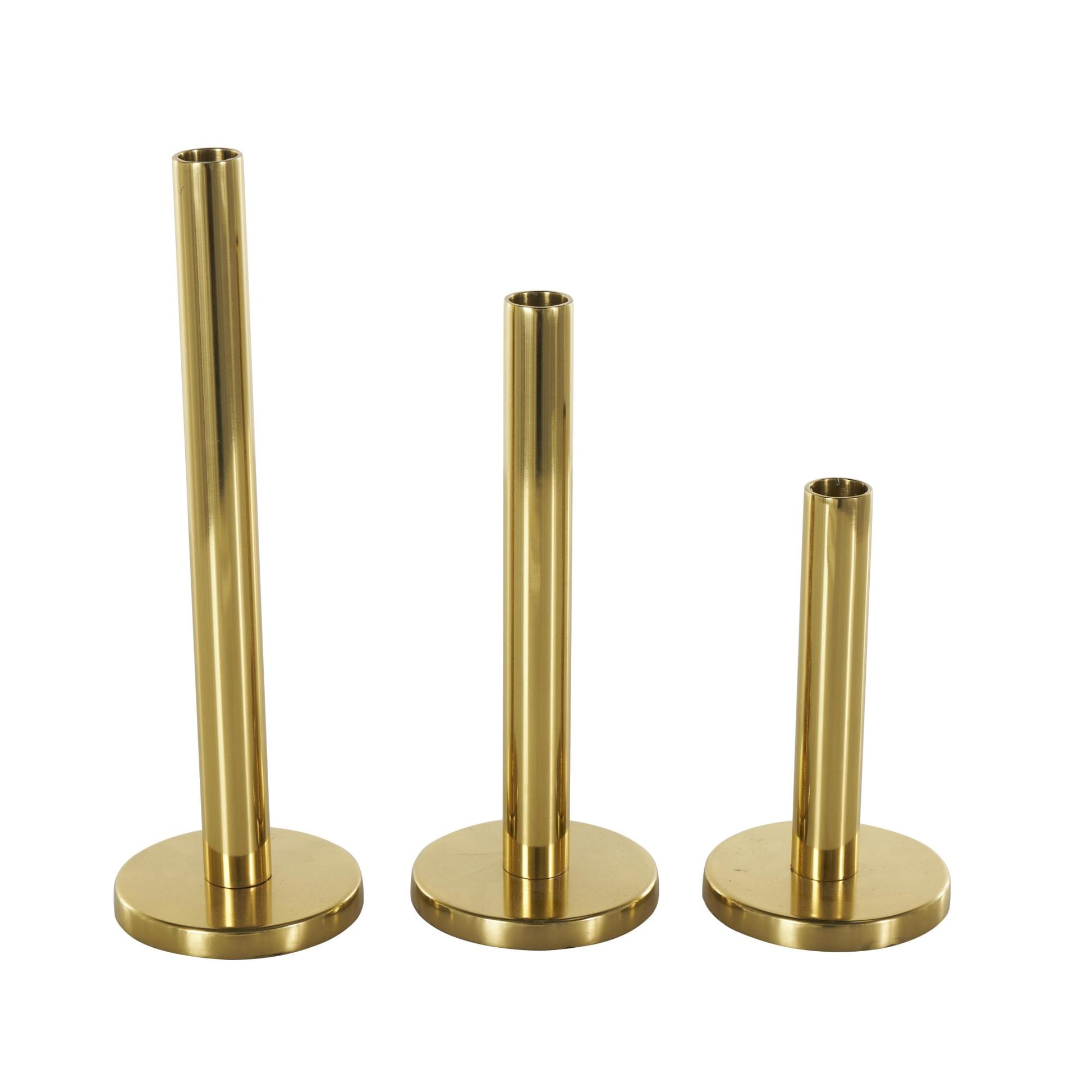 Set of 3 Gold Stainless Steel Metal Slim Decorative Candle Holder with Round Base