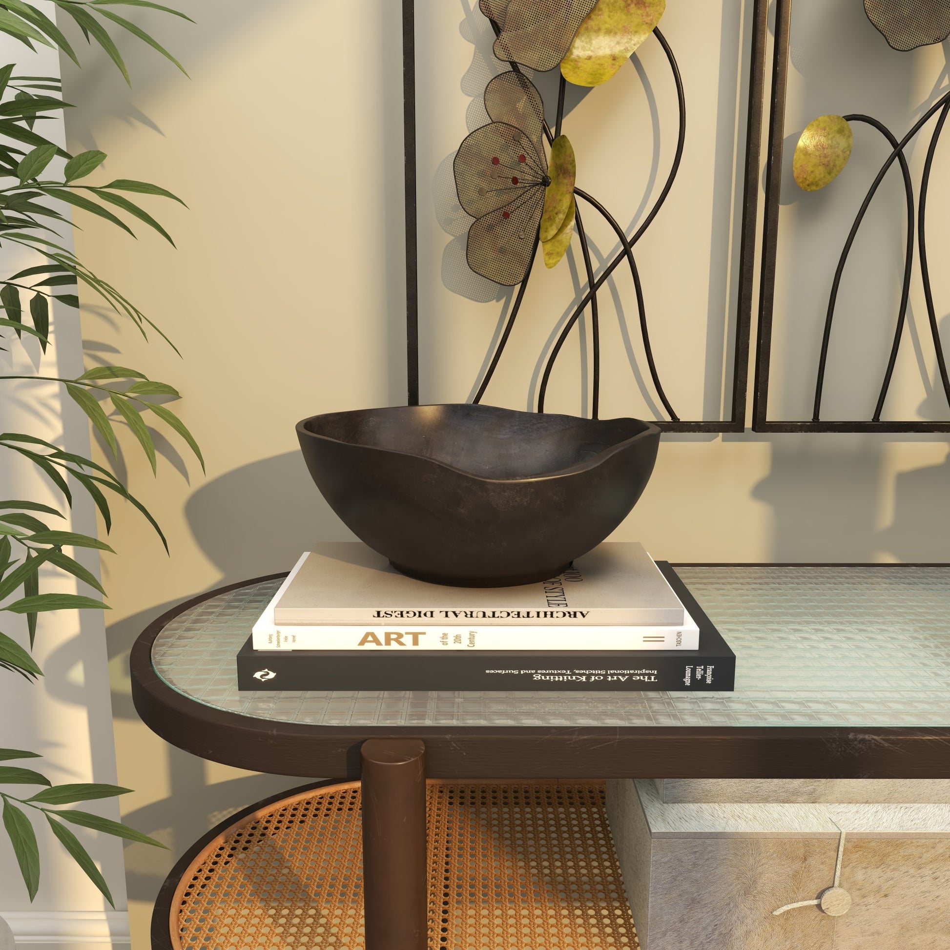 Abstract Black Teak Wood Handmade Large Decorative Bowl with Freeform Edge