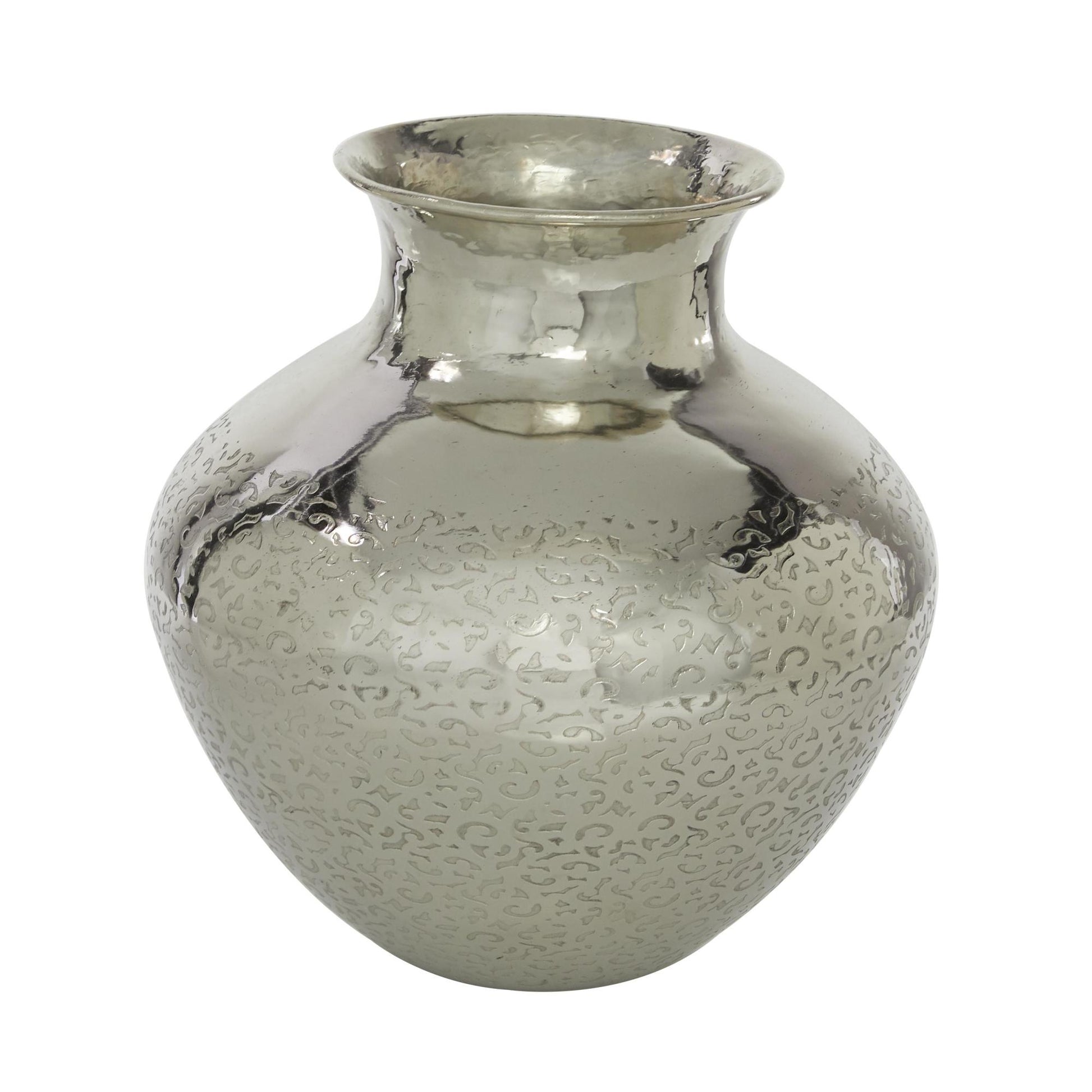 Silver Aluminum Metal Round Engraved Decorative Vase