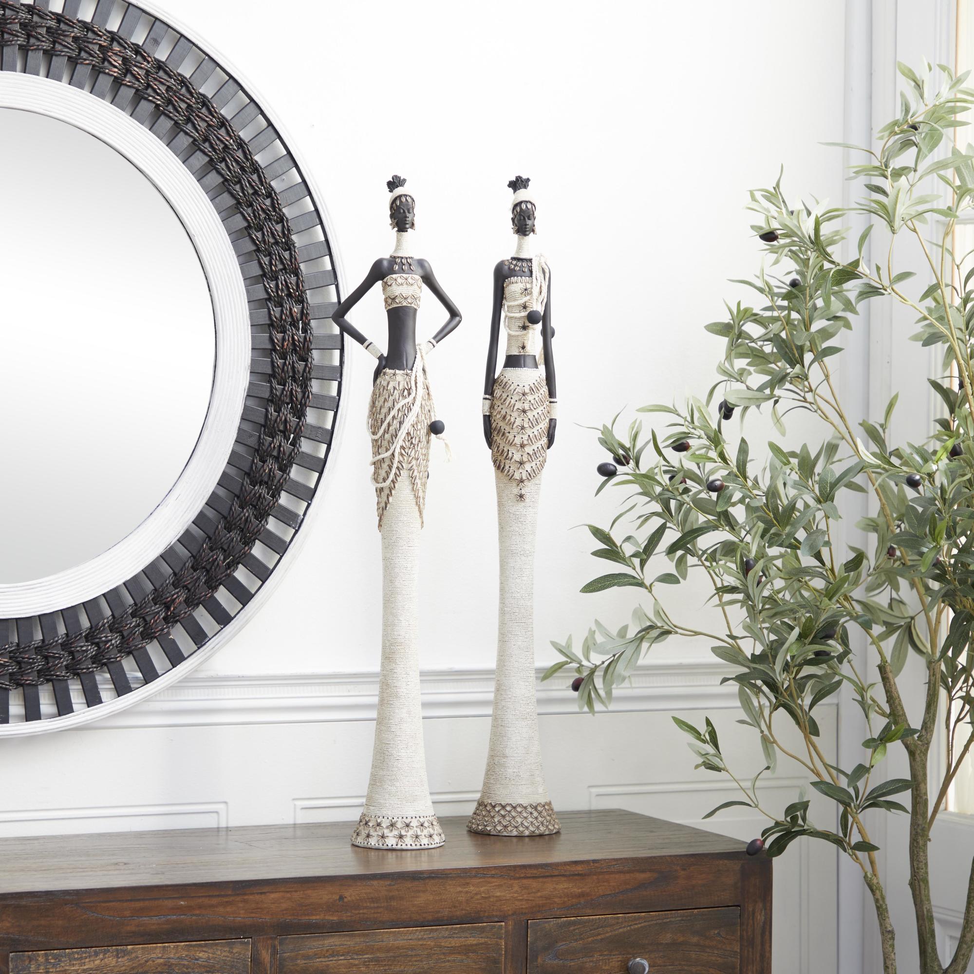 Set of 2 Woman White Polyresin Handmade Standing African Decorative Sculpture with Intricate Details