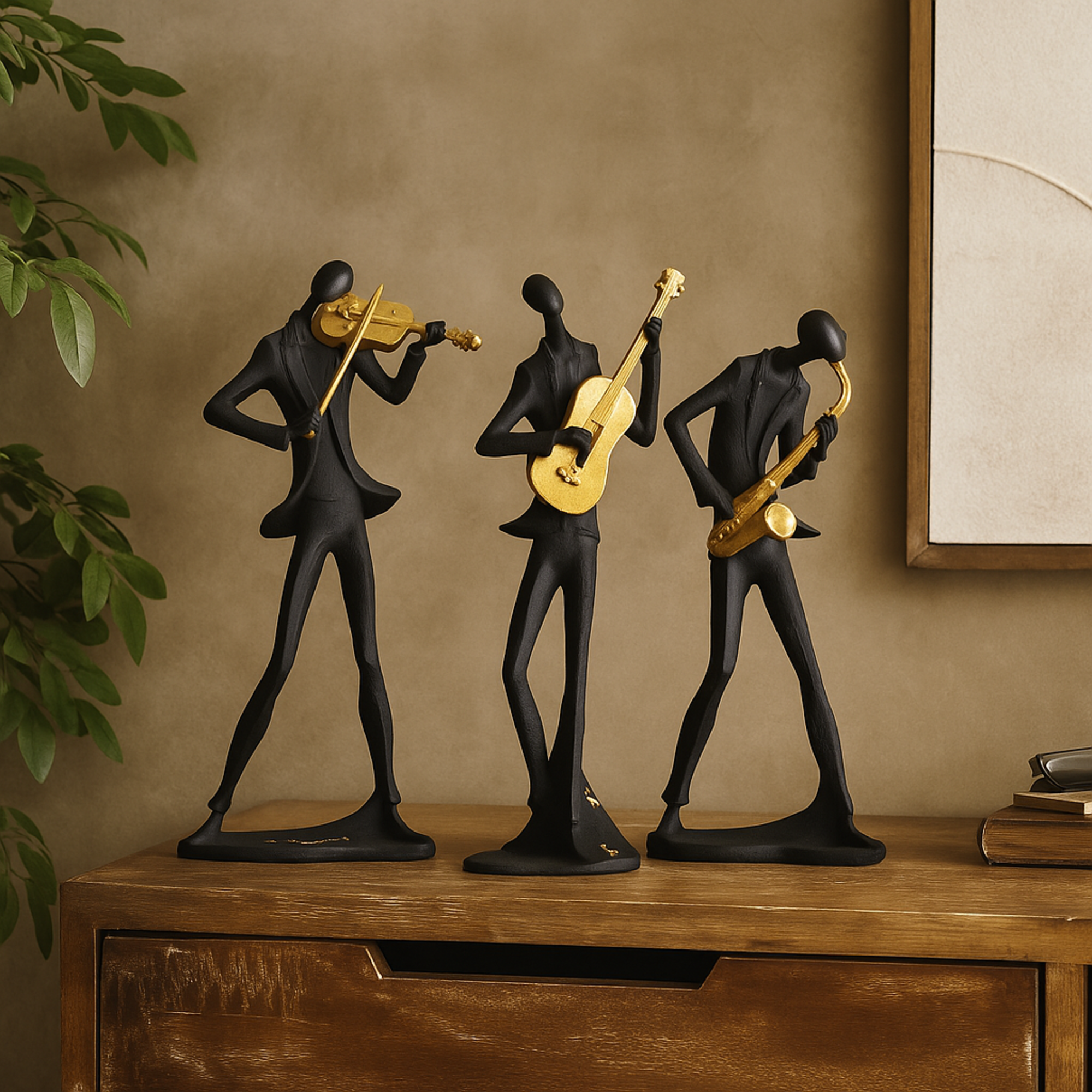 Set of 3 Musician Black Polystone Abstract Decorative Sculpture with Gold Instruments and Music Notes