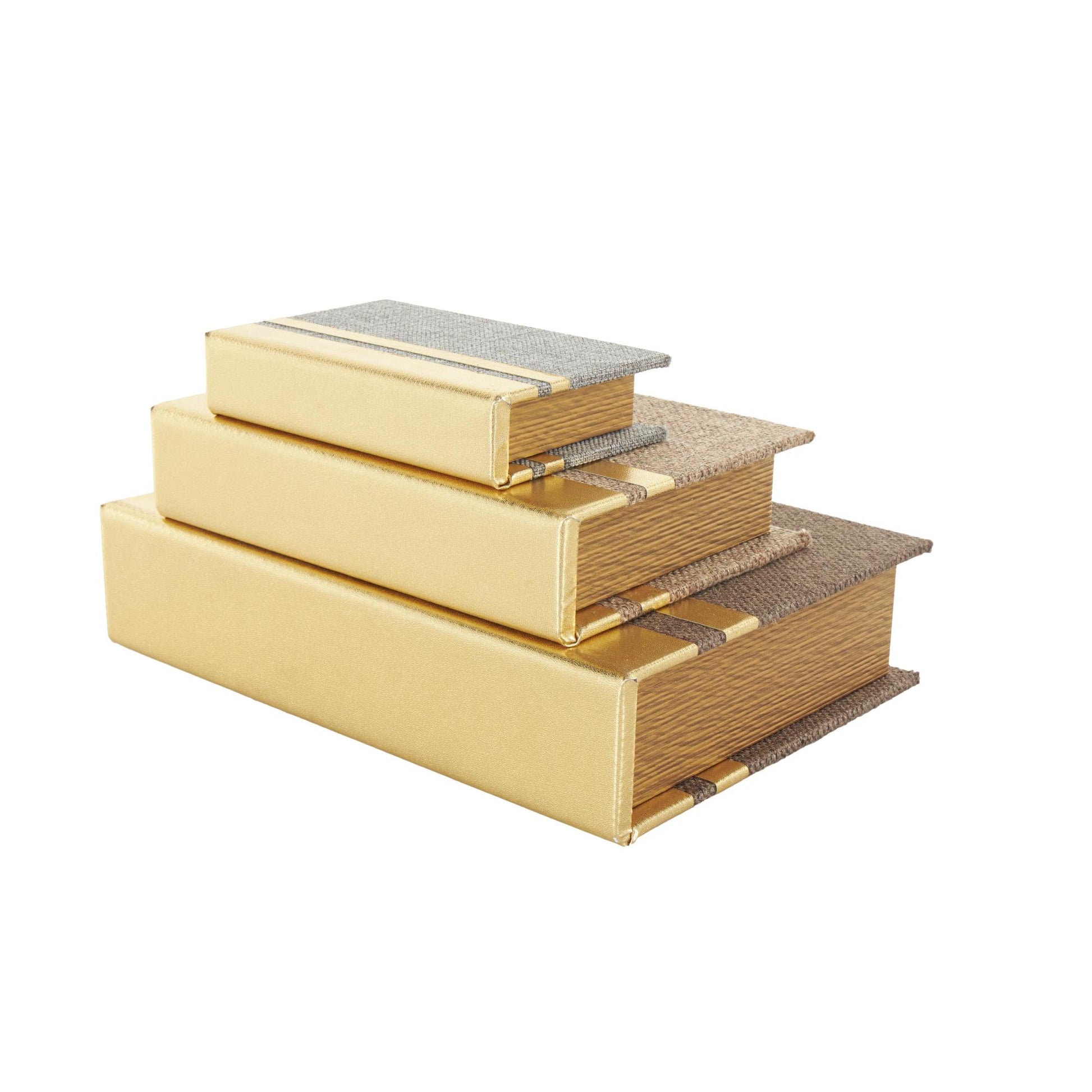 Set of 3 Brown Linen Fabric Textured Faux Book Storage Decorative Box with Gold Faux Leather