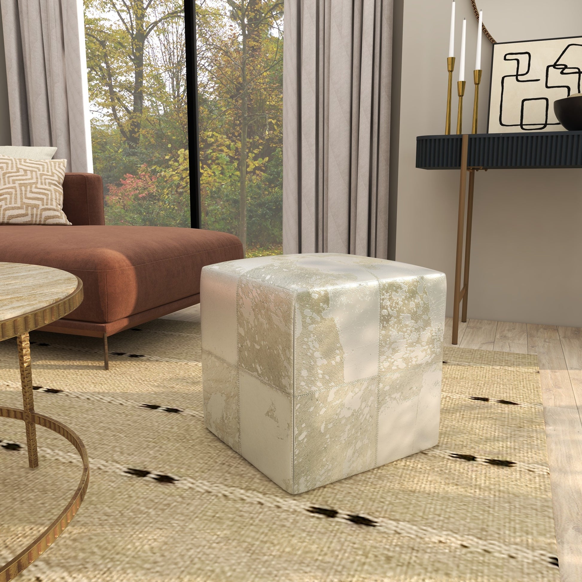 Leather Handmade Cowhide Living Room Stool with Patchwork Pattern