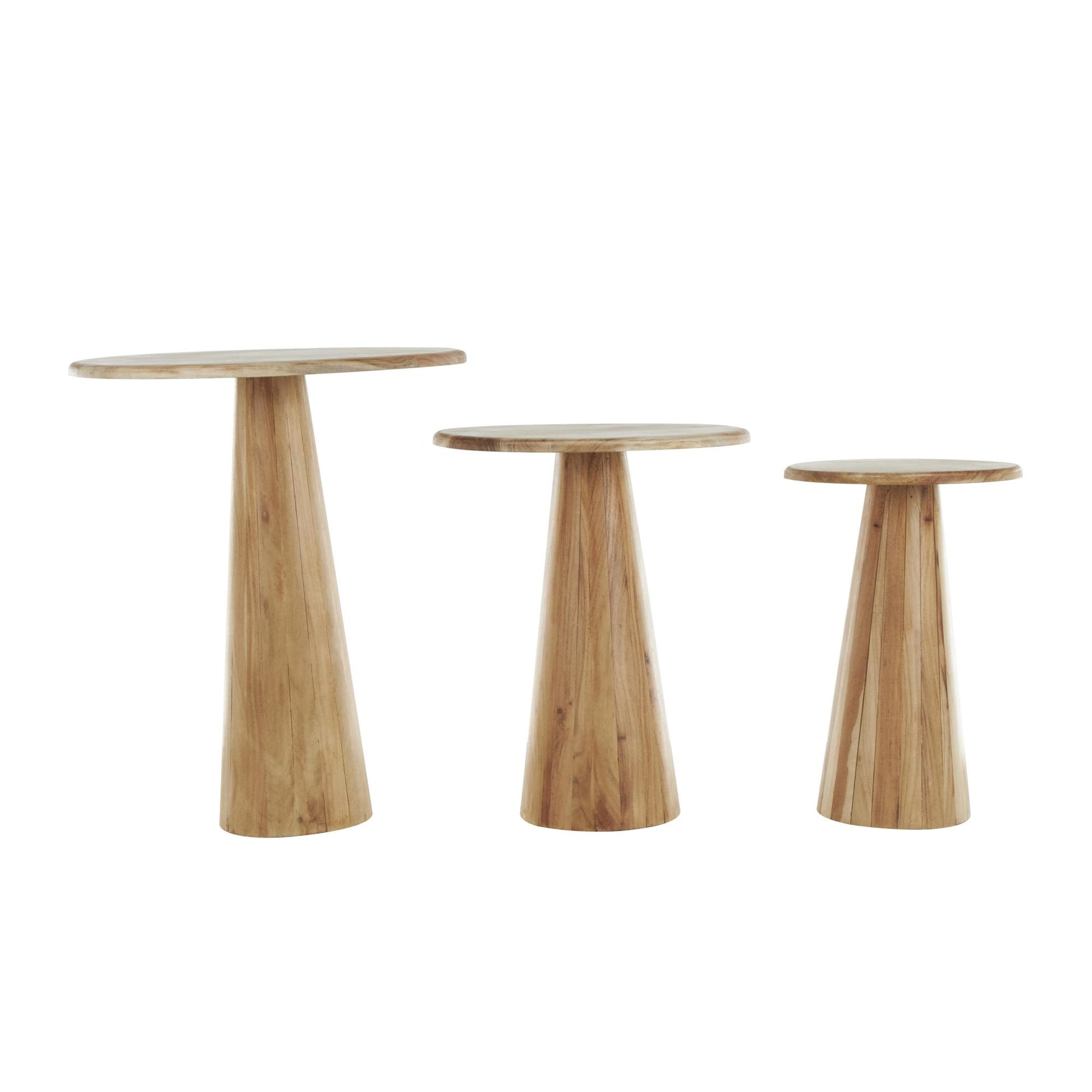 Set of 3 Wood Side End Accent Table with Natural Wood Grains and Cone Shaped Bases