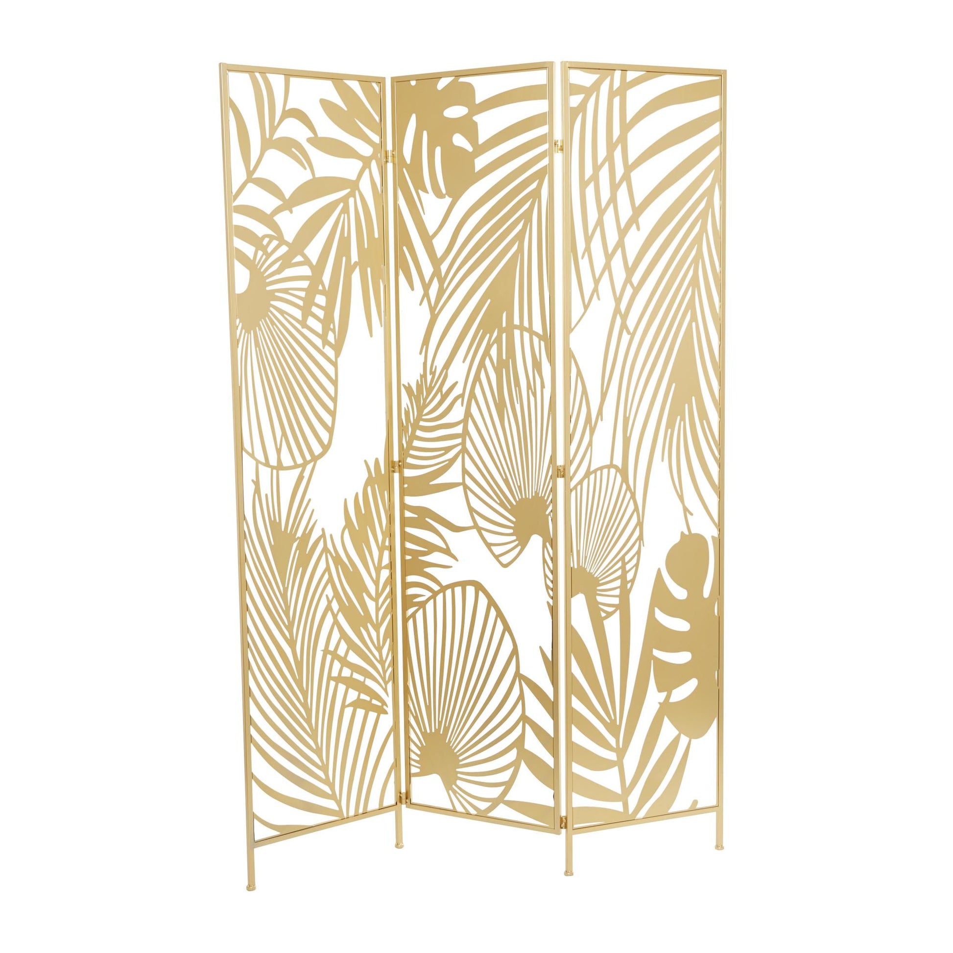 Leaf Gold Metal Foldable Partition Cutout Palm Leaf 3 Panel Partition Room Divider Screen