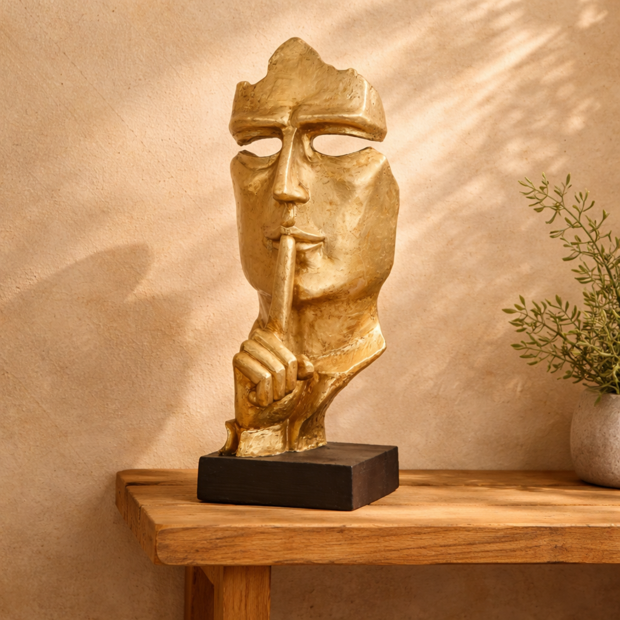 People Gold Polystone Large Cutout Quiet Gesture Face Decorative Sculpture with Black Base