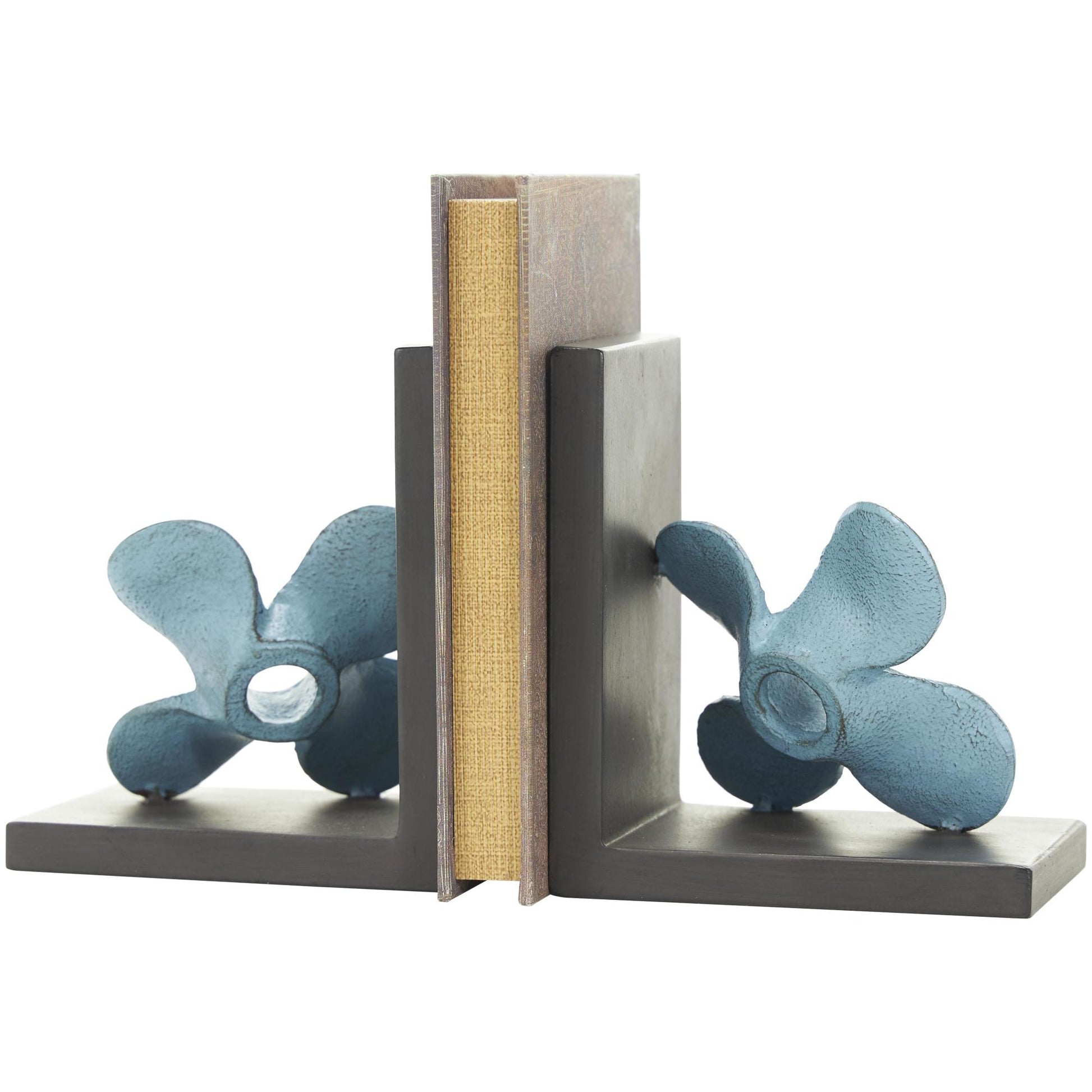 Set of 2 Boat Teal Metal Distressed Propeller Decorative Bookends with Brown L-Shaped Stands