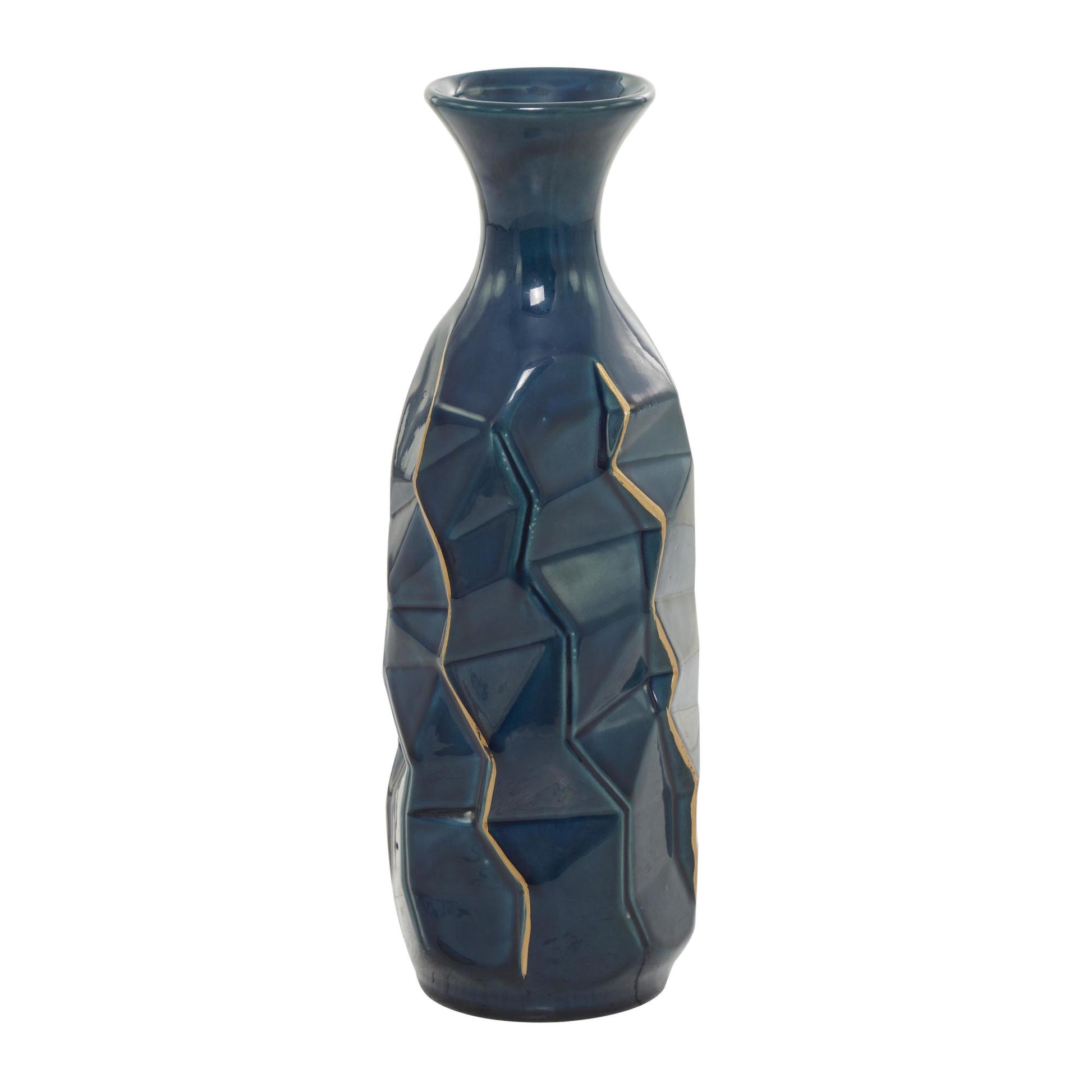 Teal Ceramic Geometric Floor Decorative Vase with Gold Accents