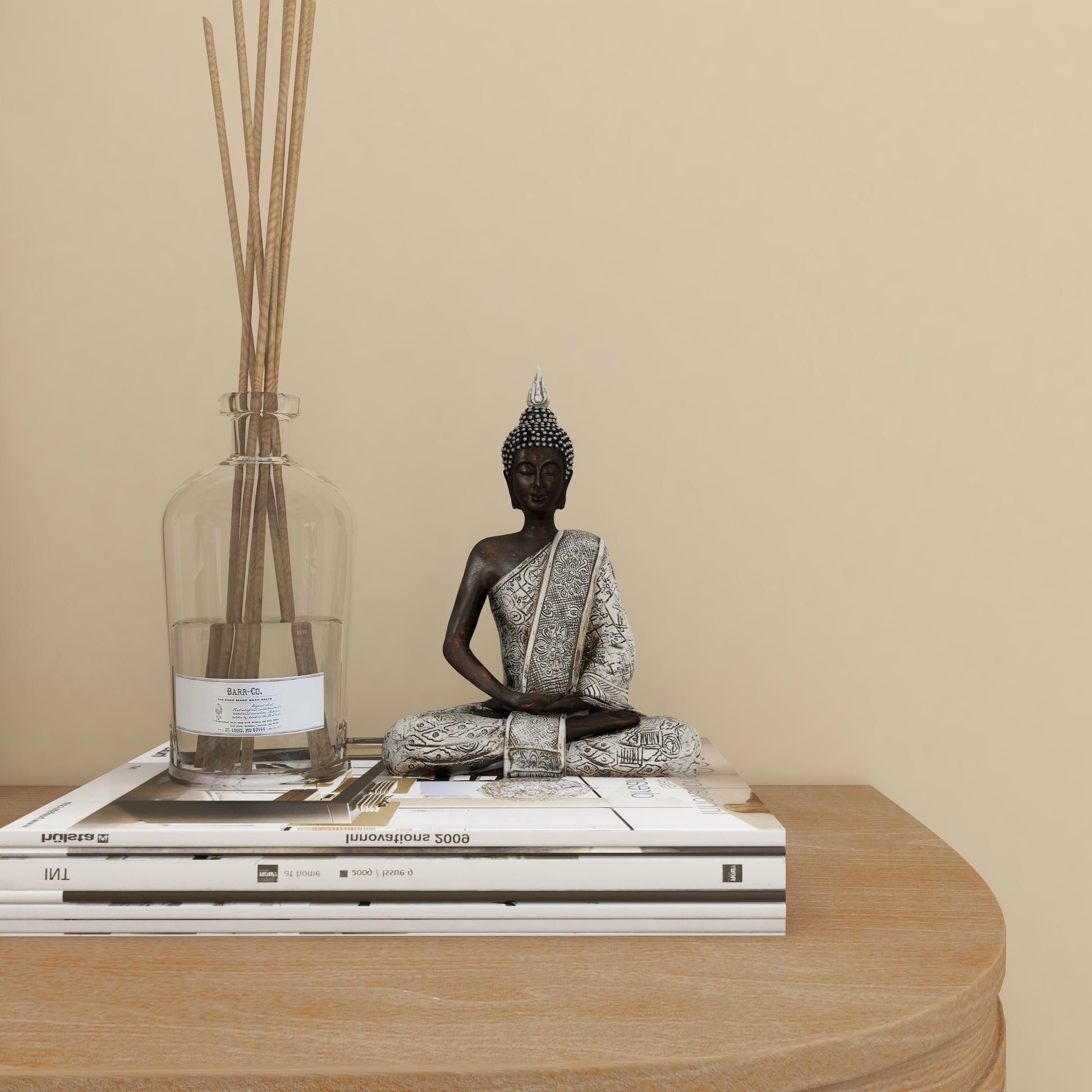 Buddha Silver Polystone Meditating Decorative Sculpture with Engraved Carvings and Relief Detailing