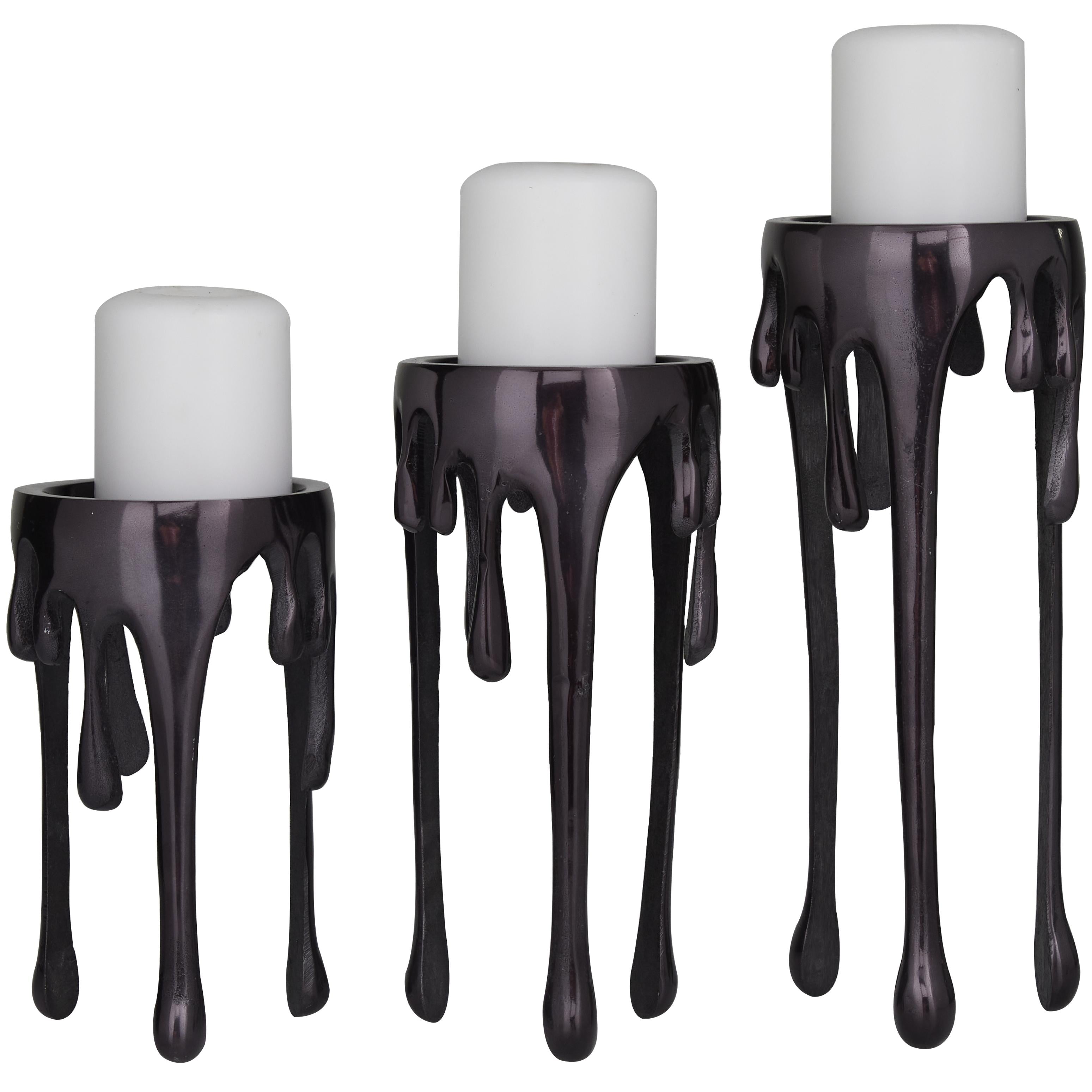 CosmoLiving by Cosmopolitan Set of 3 Abstract Aluminum Metal Drip Decorative Candle Holder with Melting Designed Legs