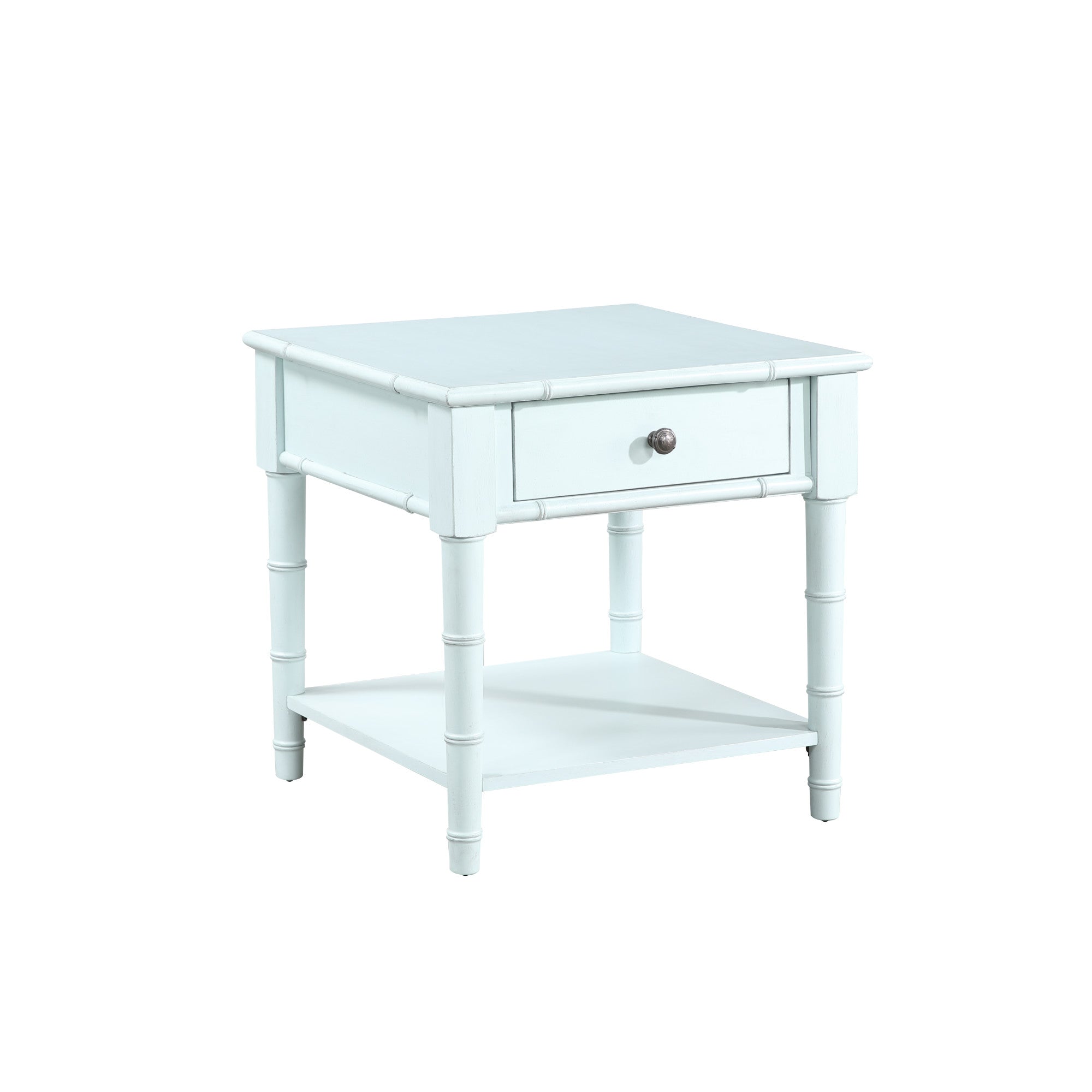 Light Blue Wood 1 Drawer Side End Accent Table with Bamboo Inspired Detailing and Bronze Knob