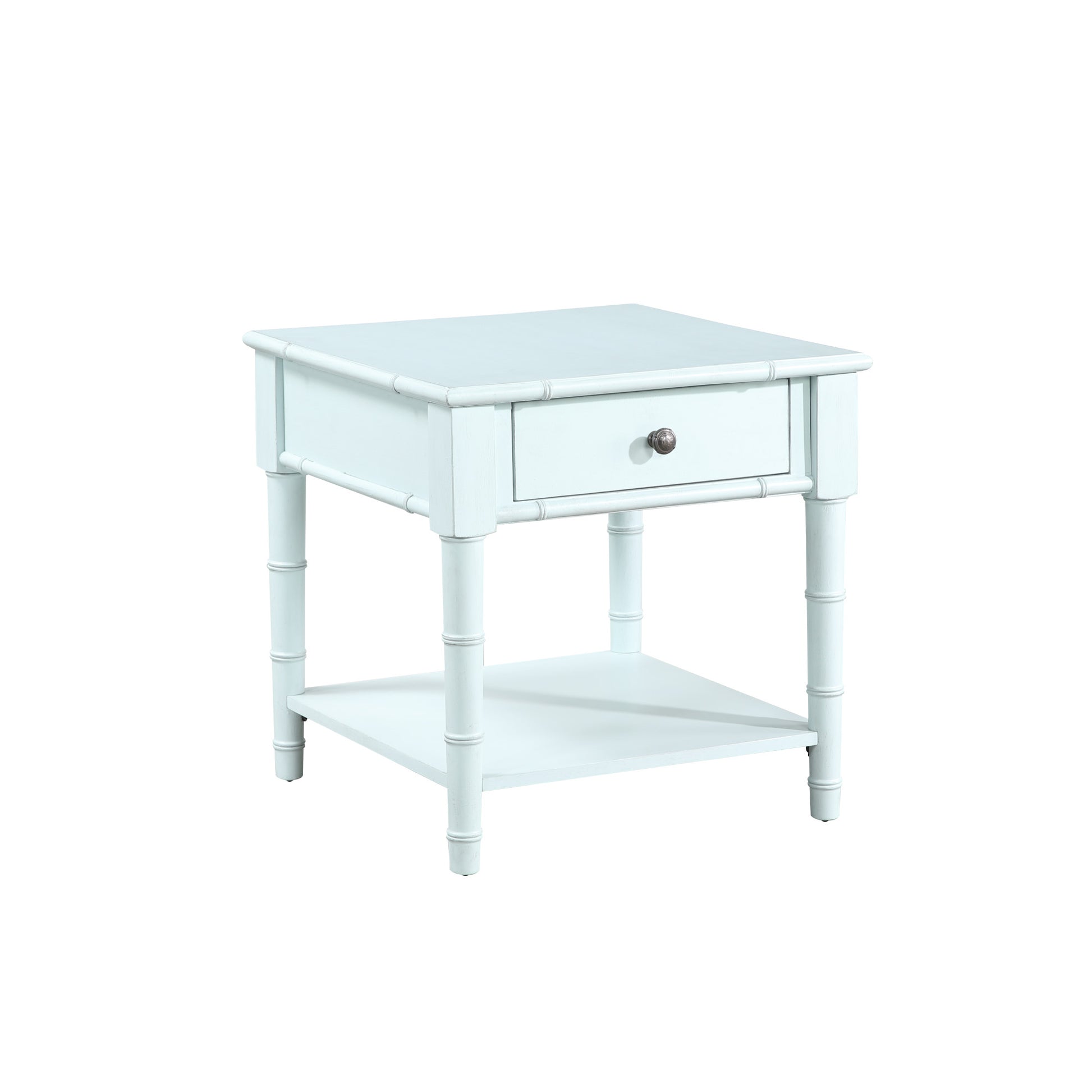 Light Blue Wood 1 Drawer Side End Accent Table with Bamboo Inspired Detailing and Bronze Knob