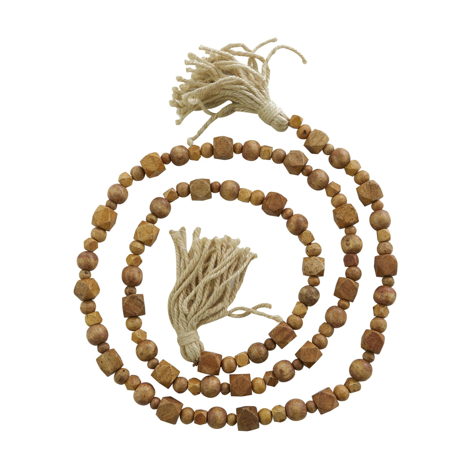Mango Wood Handmade Hexagon Carved Geometric Long Beaded Garland with Tassel