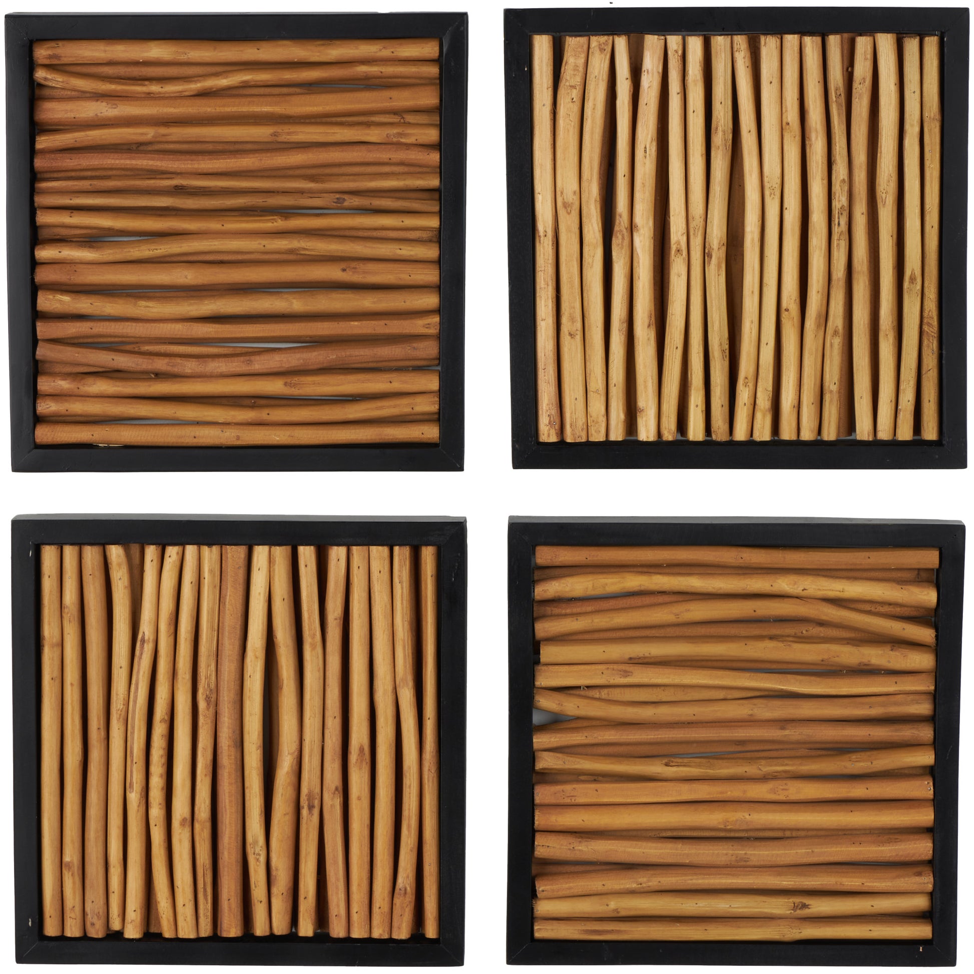 Set of 4 Abstract Brown Teak Wood Handmade Home Wall Decor with Horizontal Sticks and Black Frames