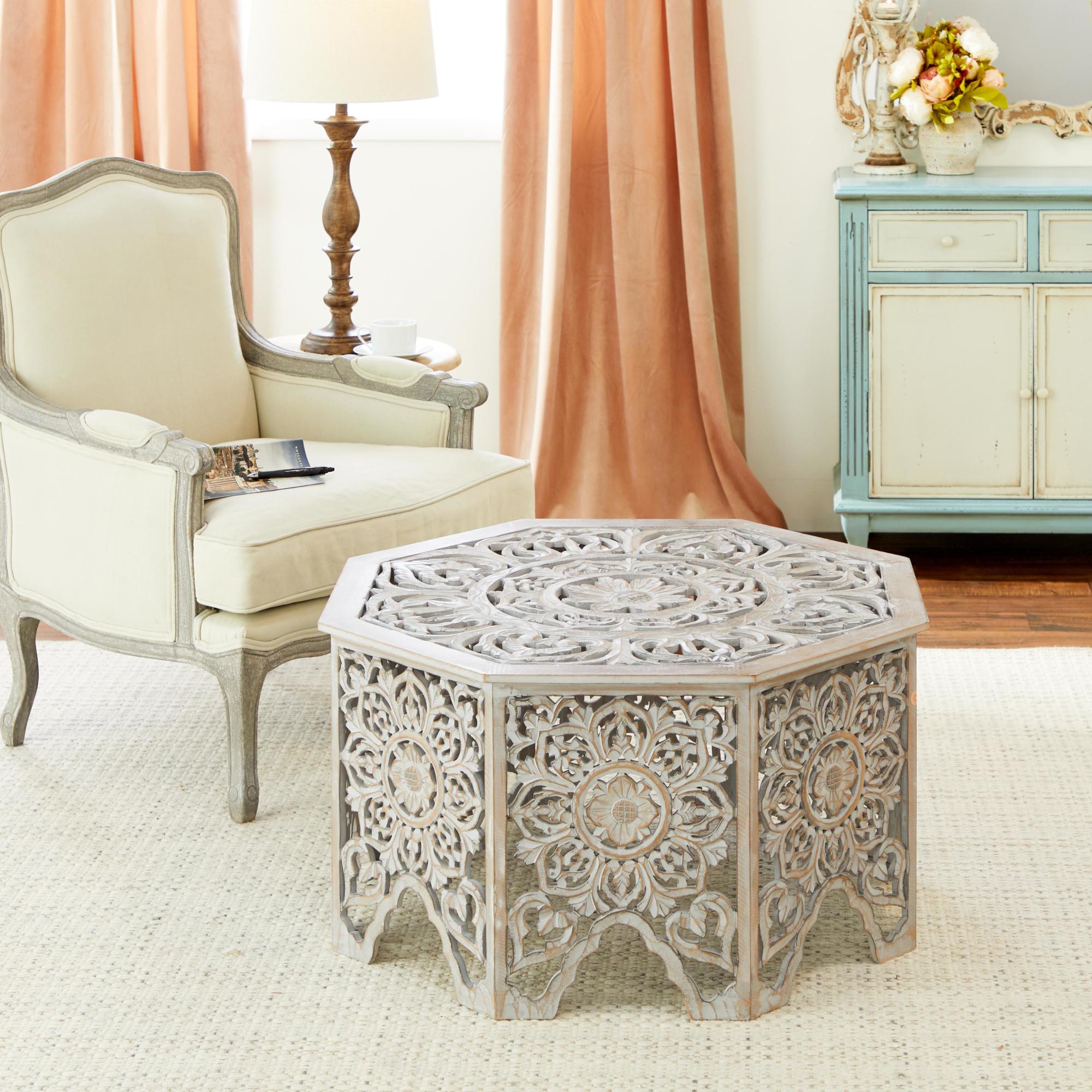 Floral Light Gray Wooden Handmade Intricately Carved Living Room Coffee Table with Hollow Interior