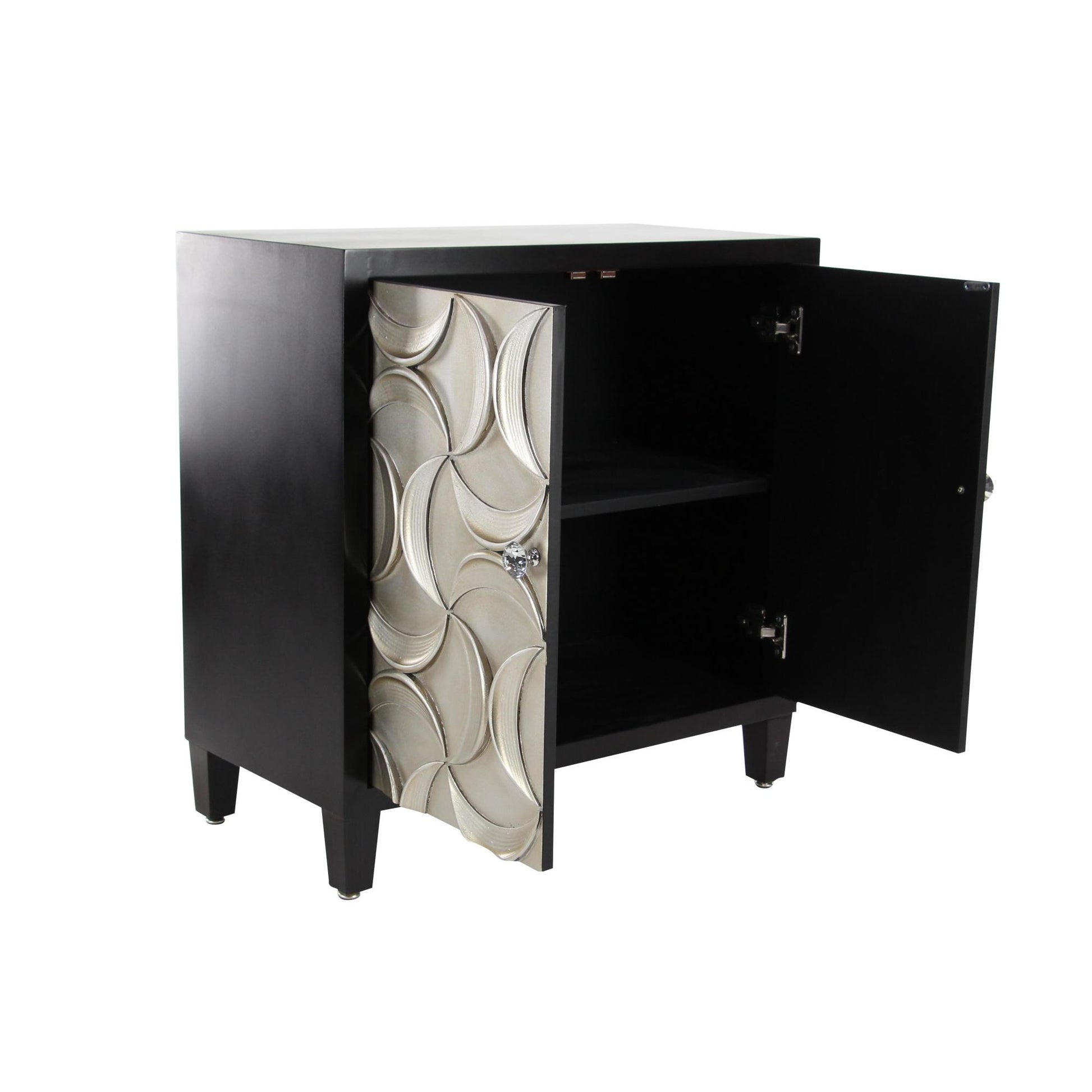 Moon Black Wooden Silver Crescent Relief Design 2 Door Room Cabinet with Crystal Knob Handles