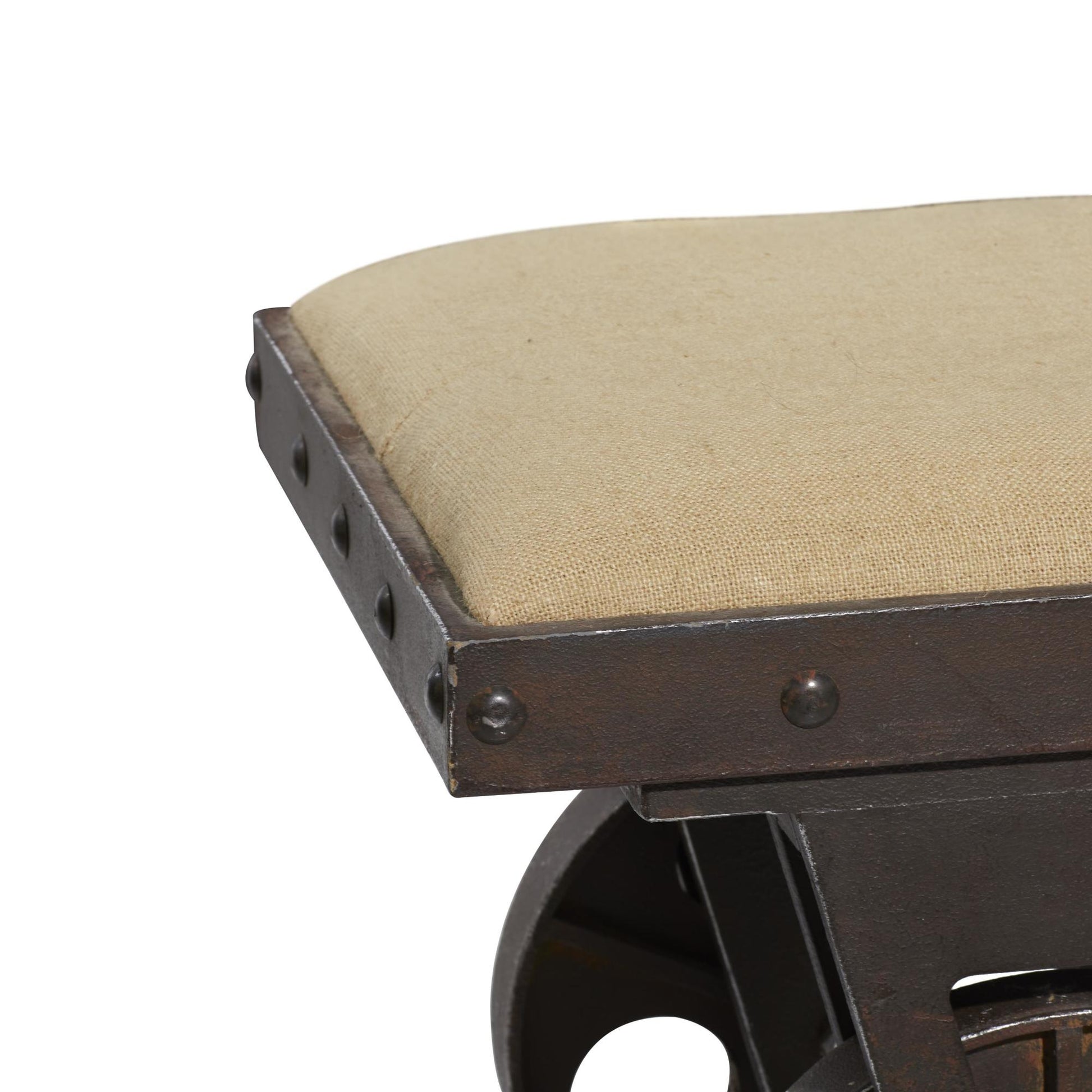 Brown Linen Fabric Vintage Industrial Inspired Home Bench with Wheels and Linen Upholstered Seat