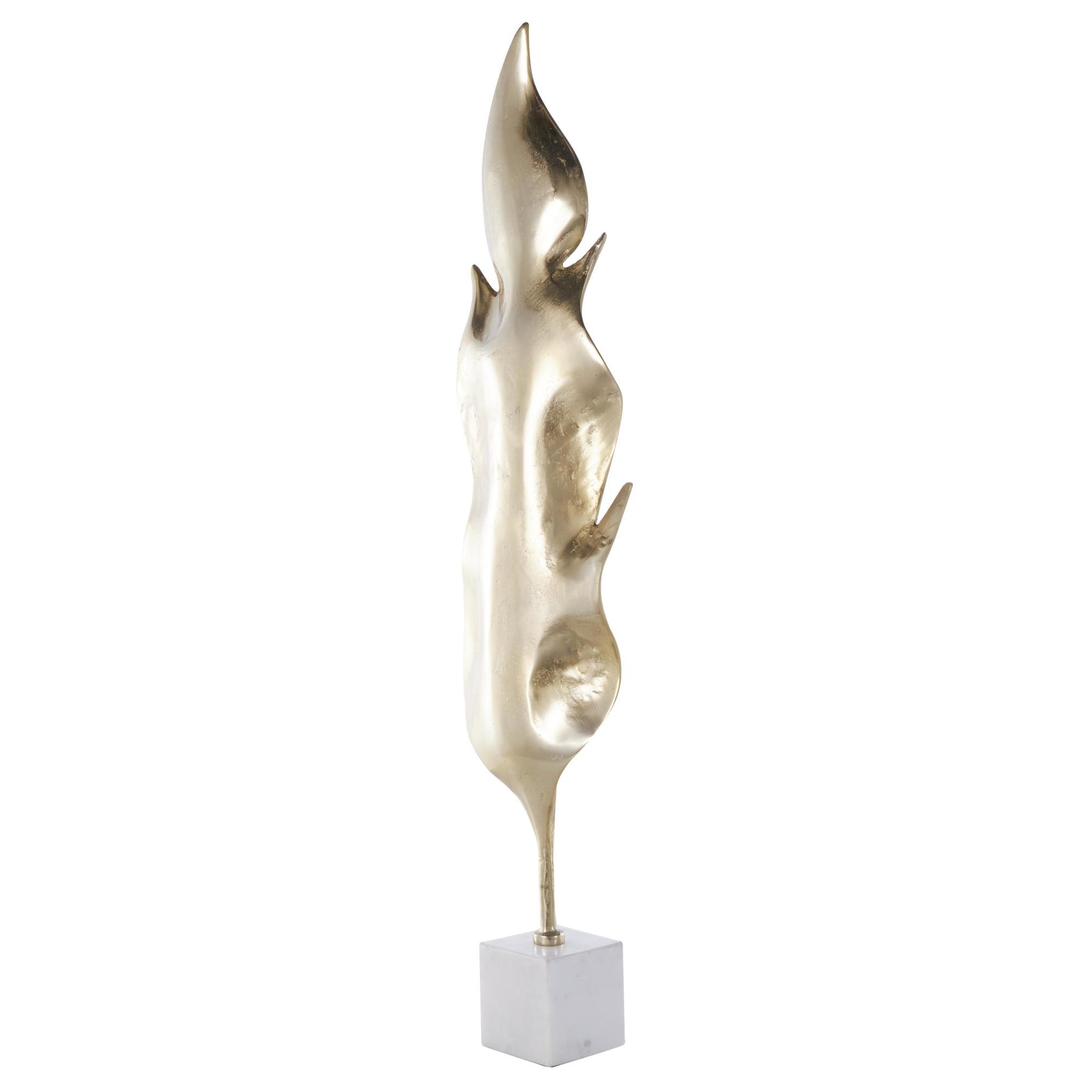 Leaf Gold Aluminum Metal Tall Textured Decorative Sculpture with White Marble Base